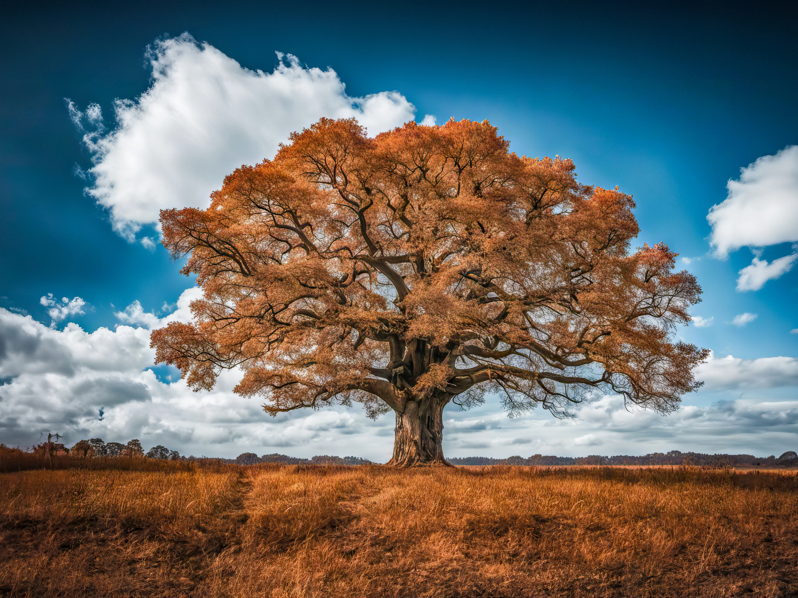 Большое сухое дерево в поле под красивым небом