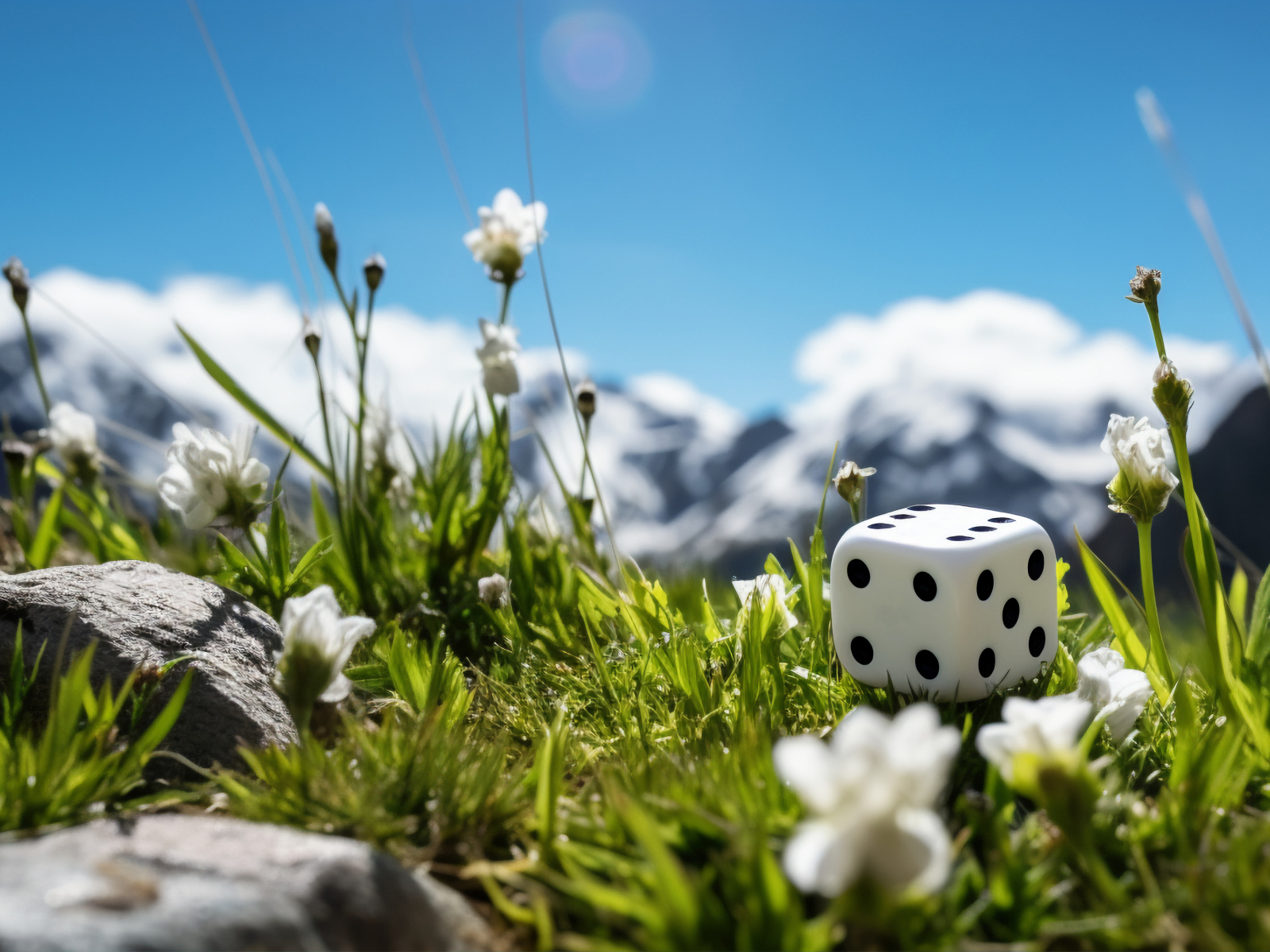 Кубик лежит на зеленой траве в горах