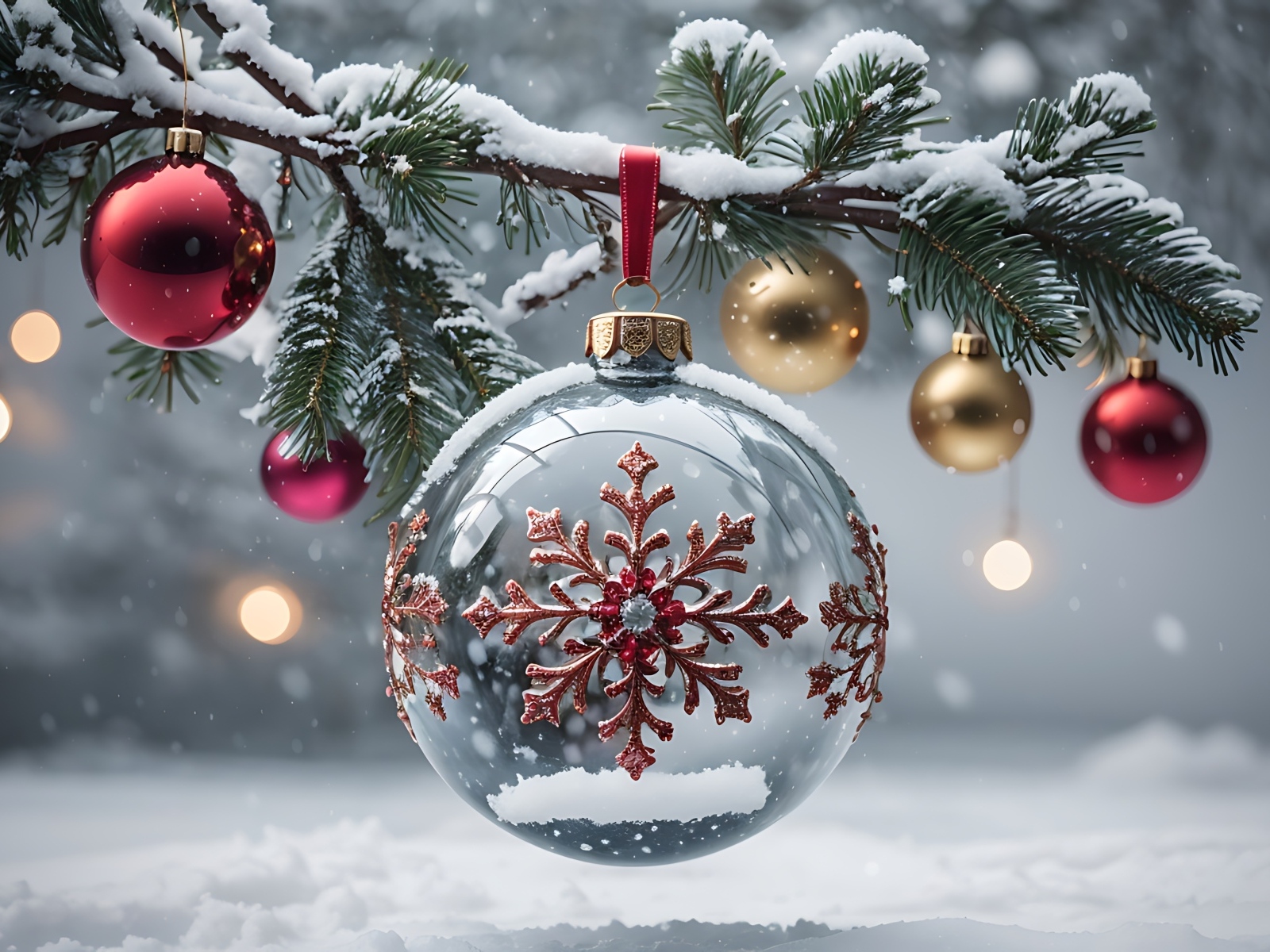 Красивый стеклянный шар со снежинкой на елке