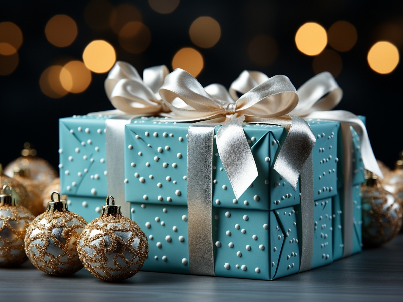 Коробка с подарком и елочными игрушками на Новый год