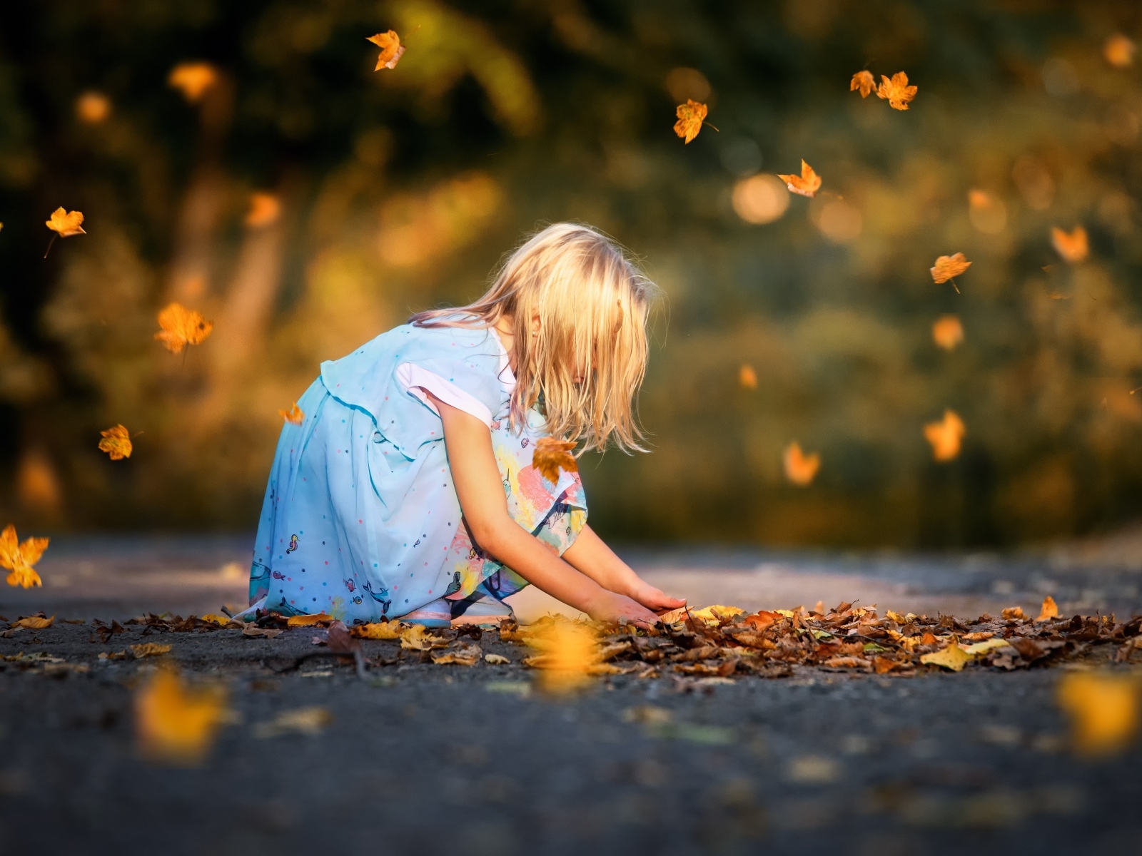 Девочка в платье играет с листьями на дороге