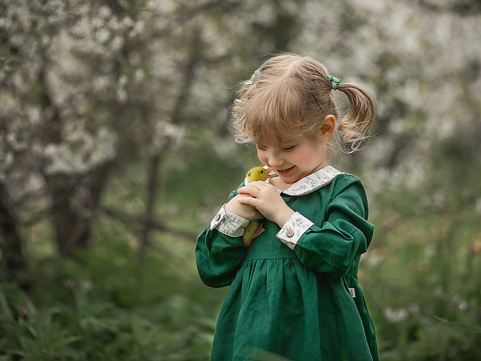 Девочка в зеленом платье с утенком в руках