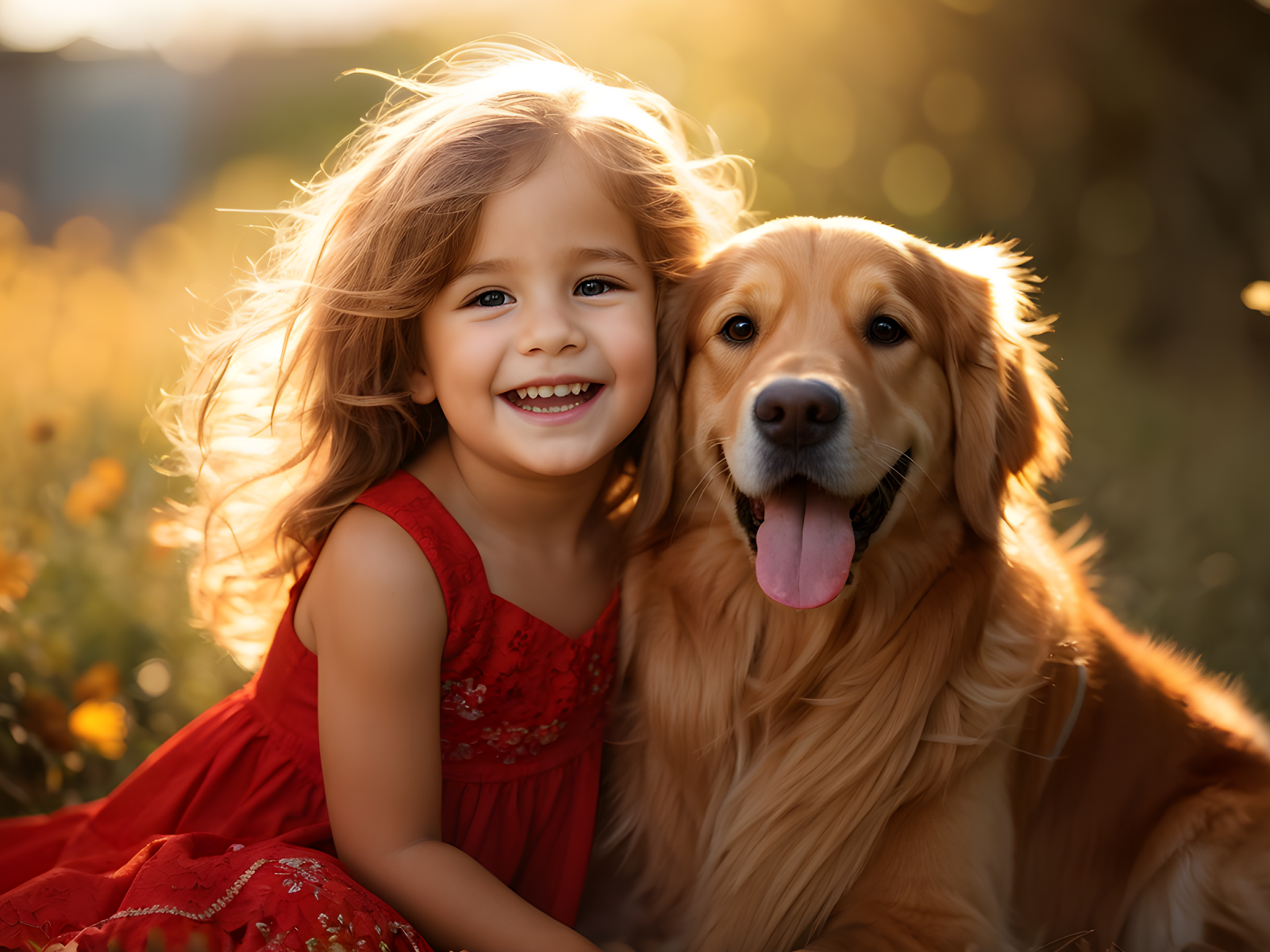 Маленькая улыбающаяся девочка с золотистым ретривером