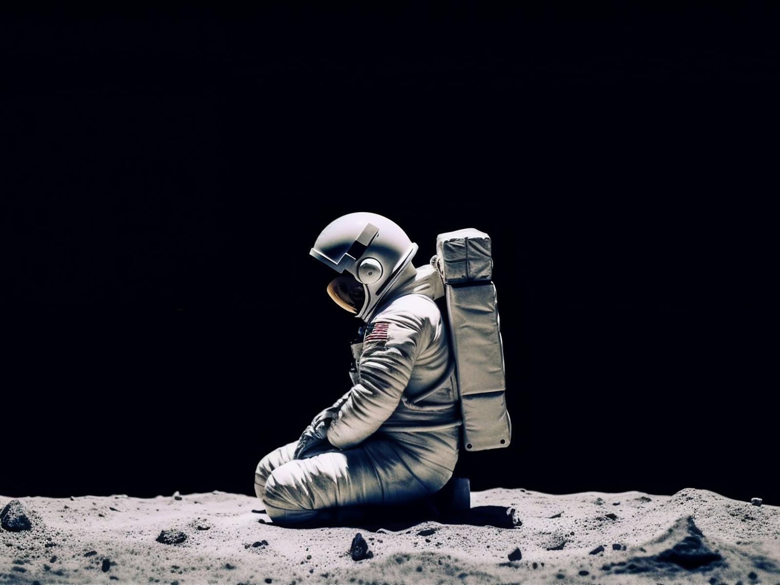 Космонавт сидит на поверхности планеты на черном фоне