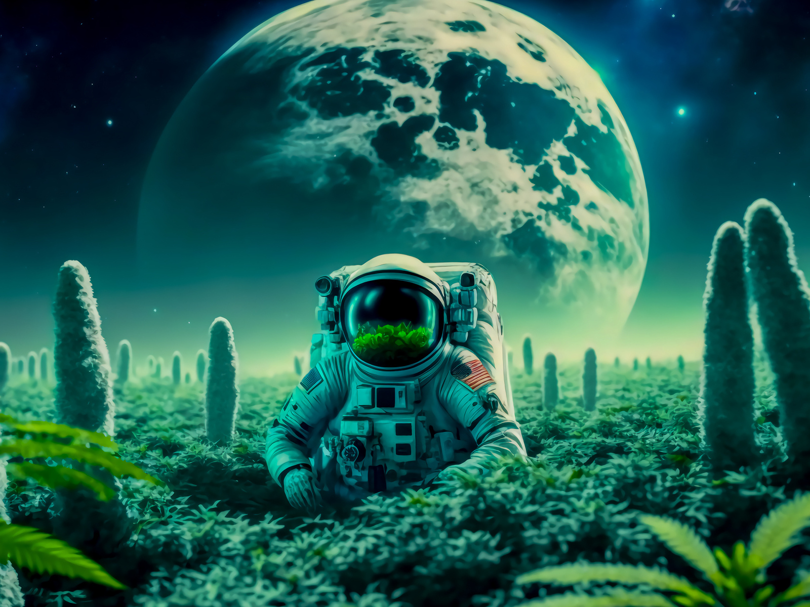 Мужчина астронавт NASA на планете с растениями