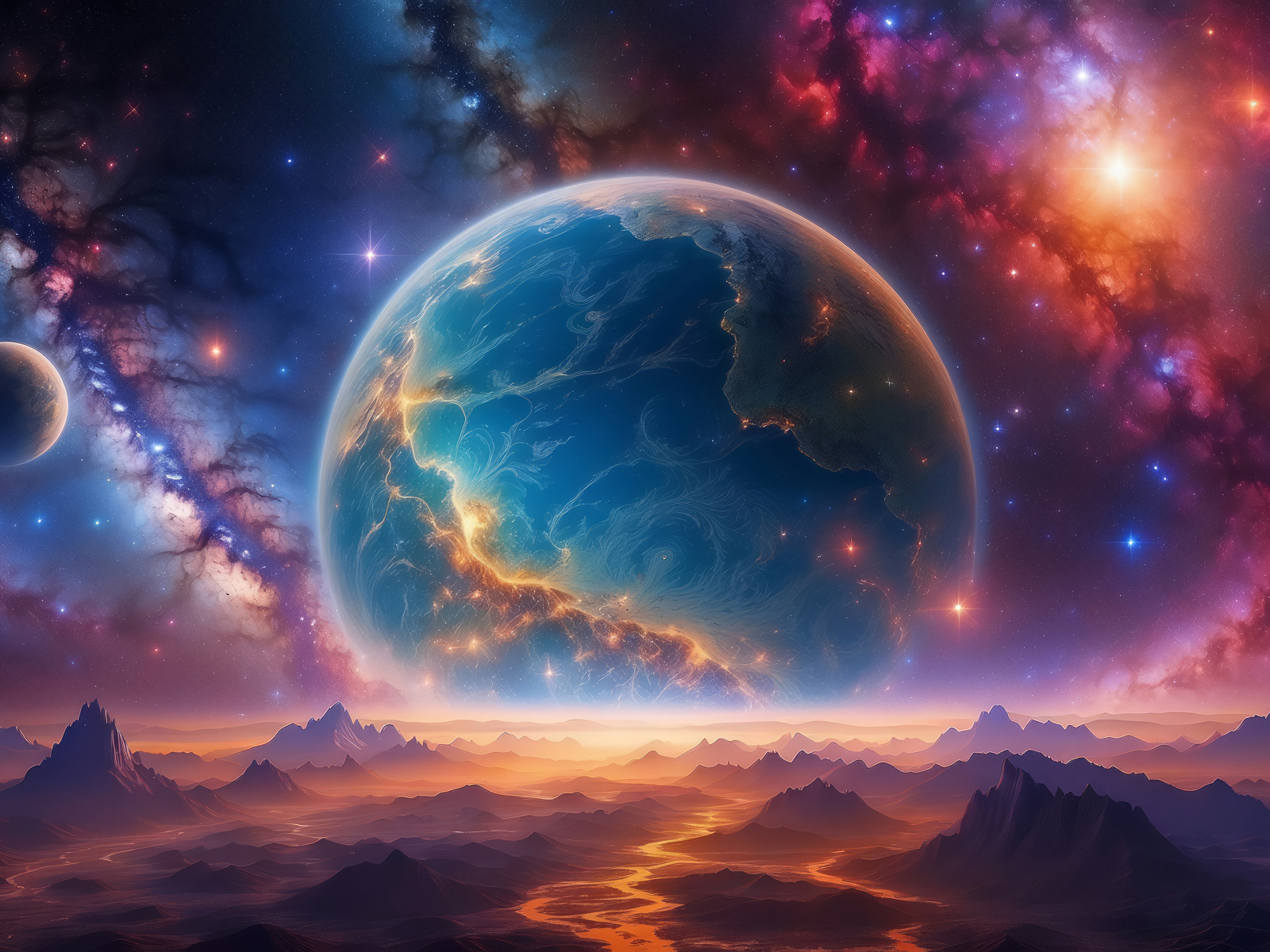 Млечный путь в небе над большой круглой планетой