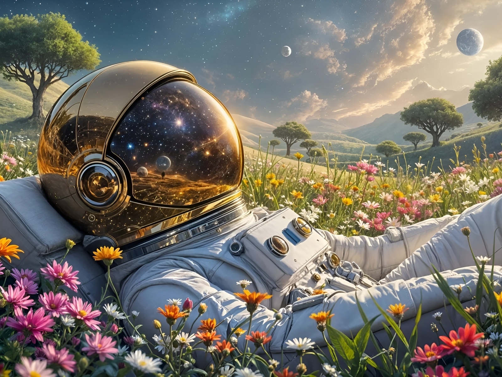 Космос отражается в шлеме астронавта лежащего на поле с цветами