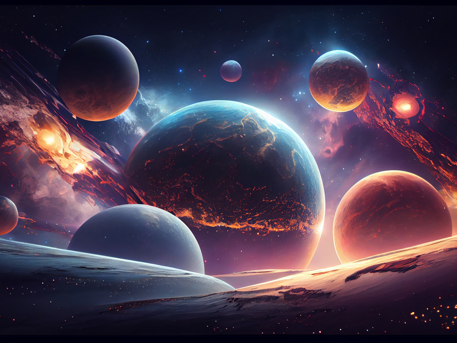 Вид на большие планеты в огненном космосе