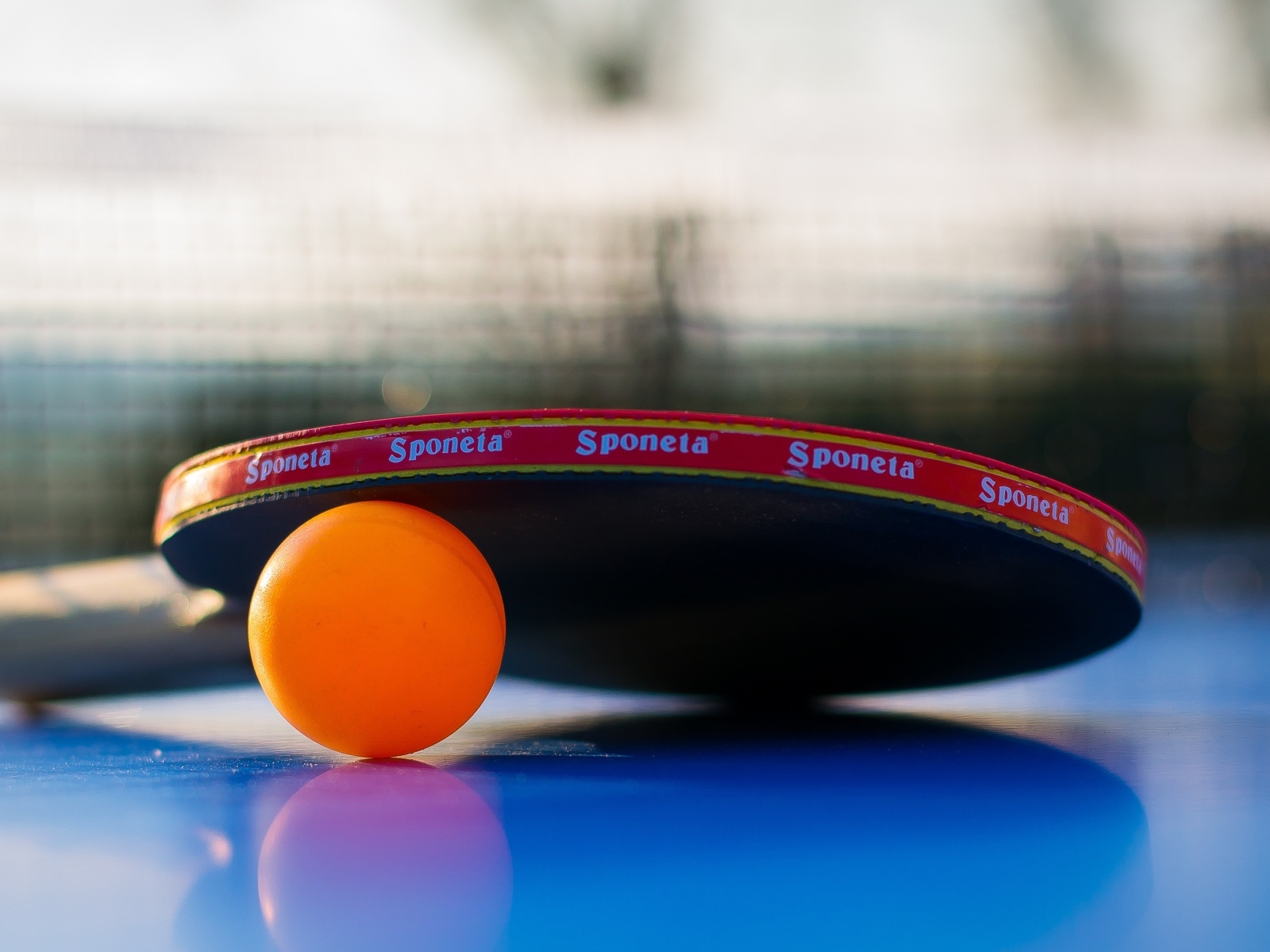 Ракетка и оранжевый мяч для пинг понга на столе