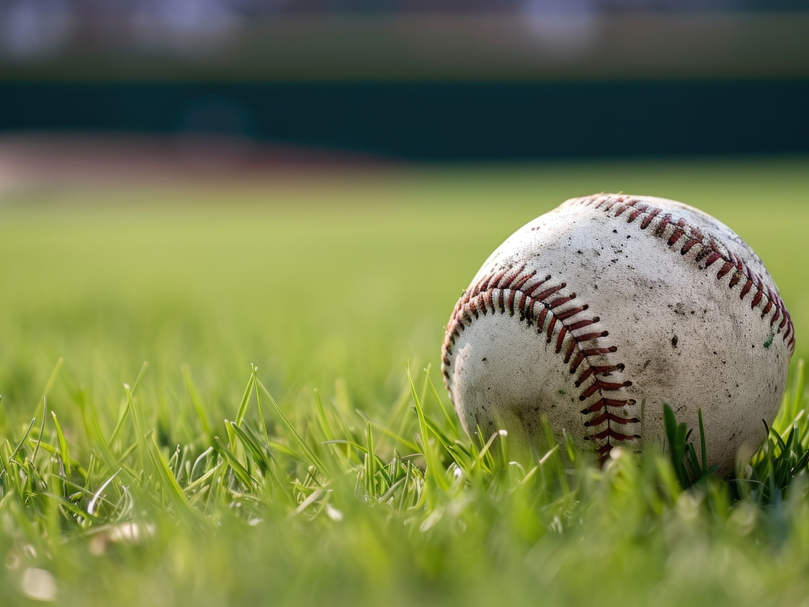 Грязный бейсбольный мяч на зеленой траве на поле