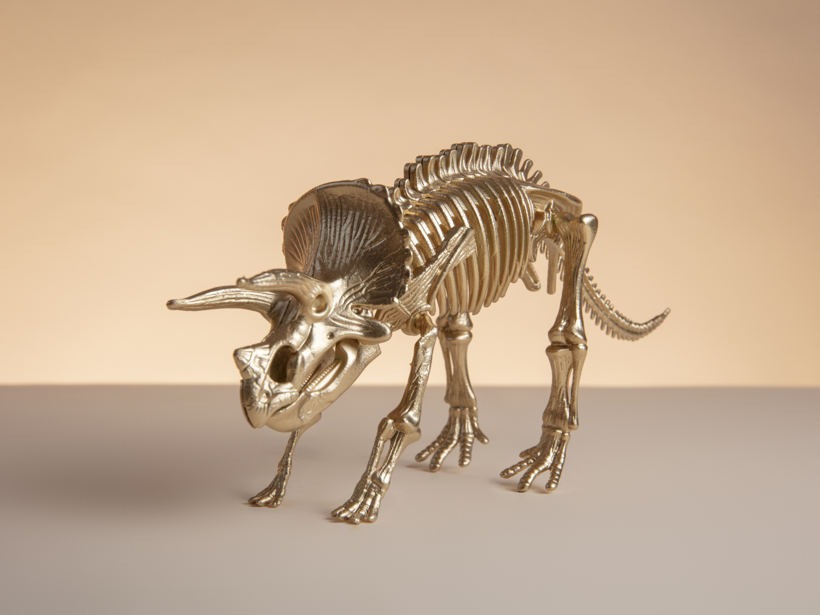 Золотой скелет динозавра на коричневом фоне