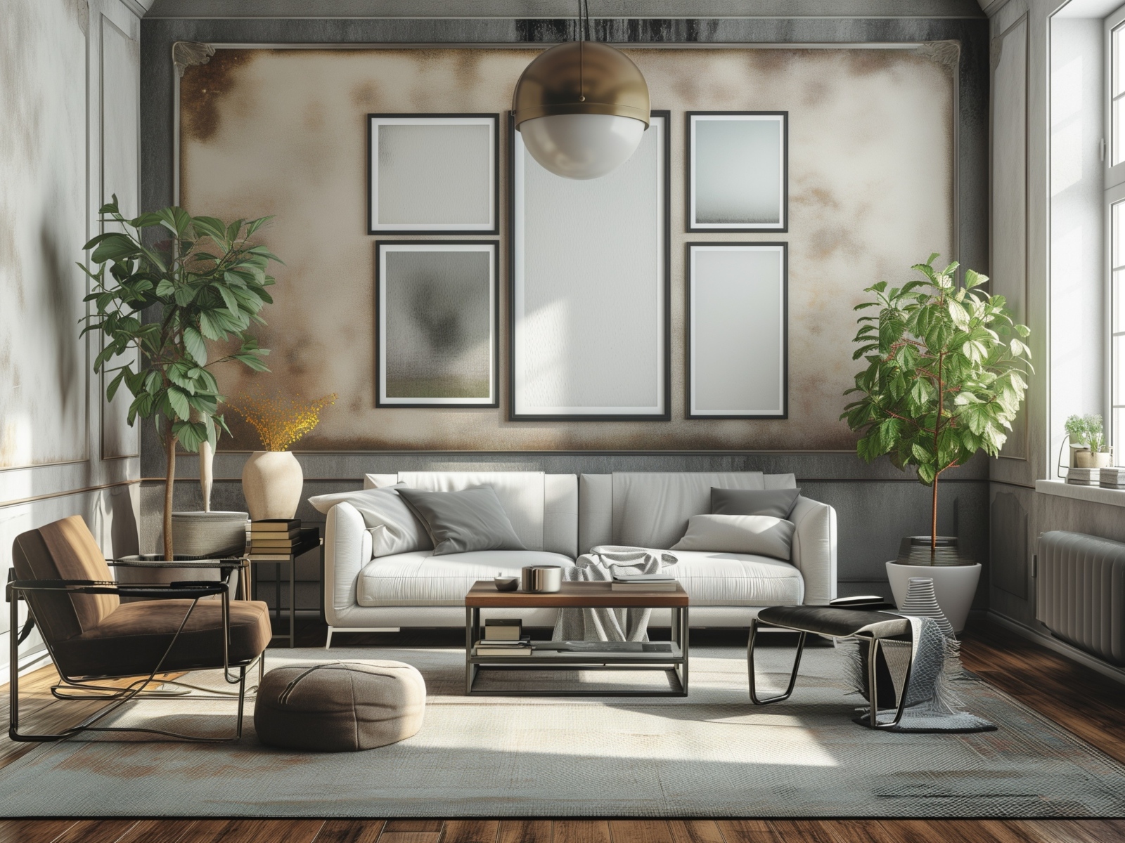 Большой серый диван в комнате с картиной на стене