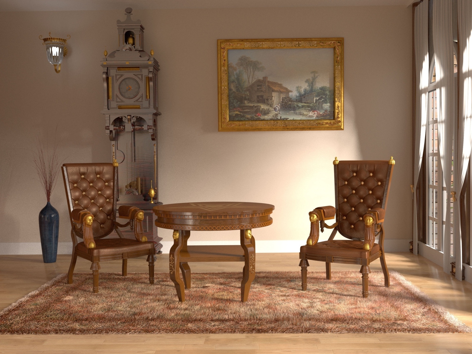 Кожаные винтажные кресла в комнате с большими часами