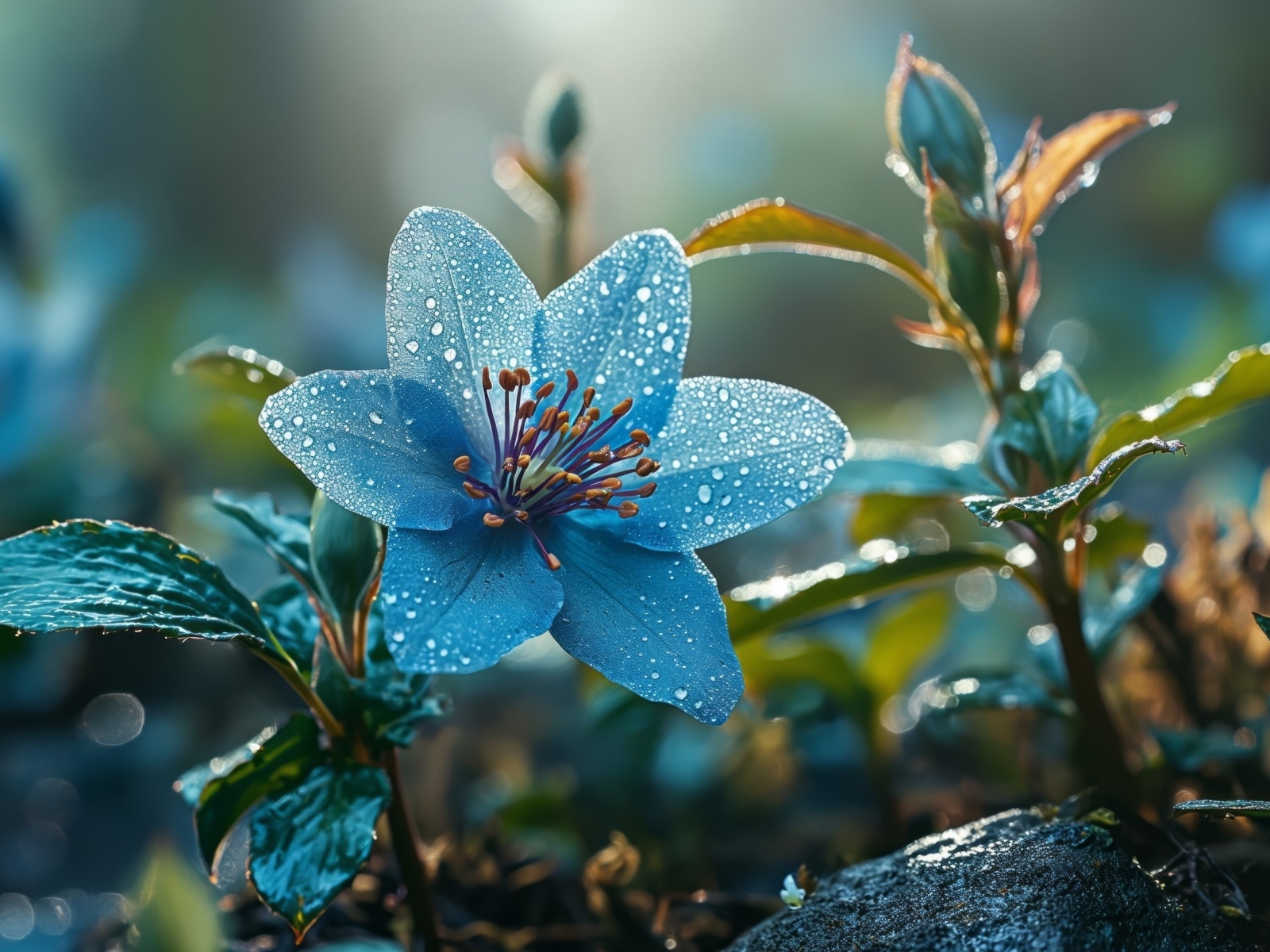 Синий цветок с бутонами в каплях росы