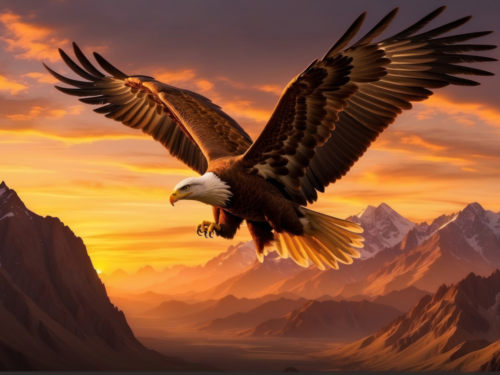 Белоголовый орлан с большими крыльями летит над горами