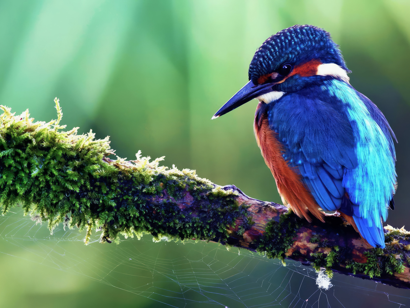 Маленькая синяя птица зимородок сидит на ветке