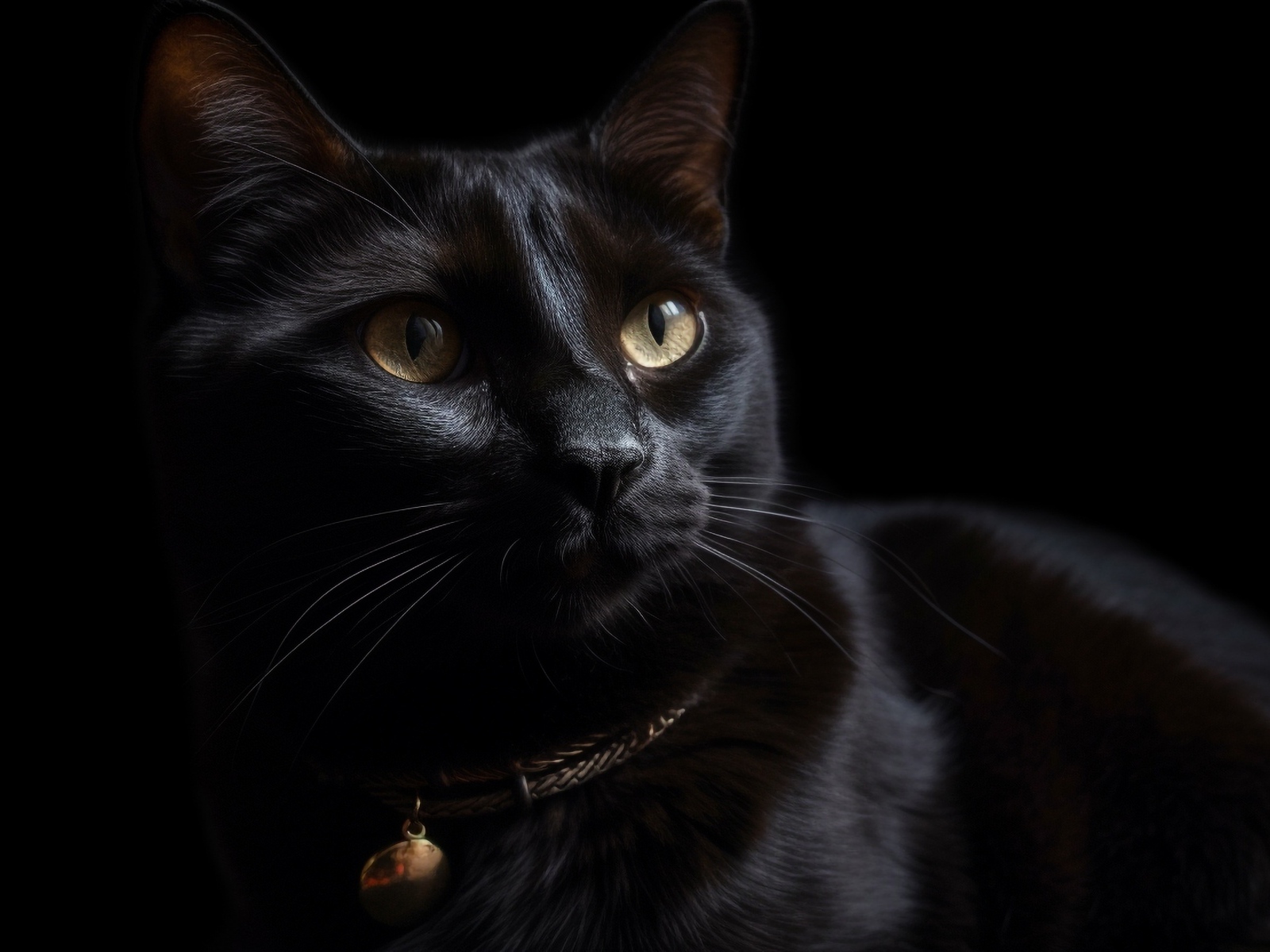 Красивый черный домашний кот с ошейником