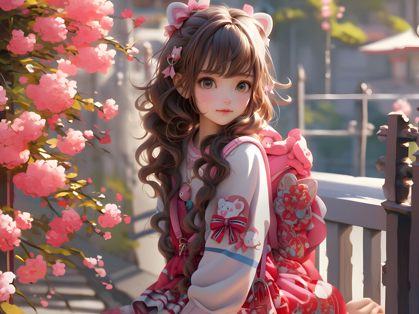 Милая девушка аниме с розовыми цветами