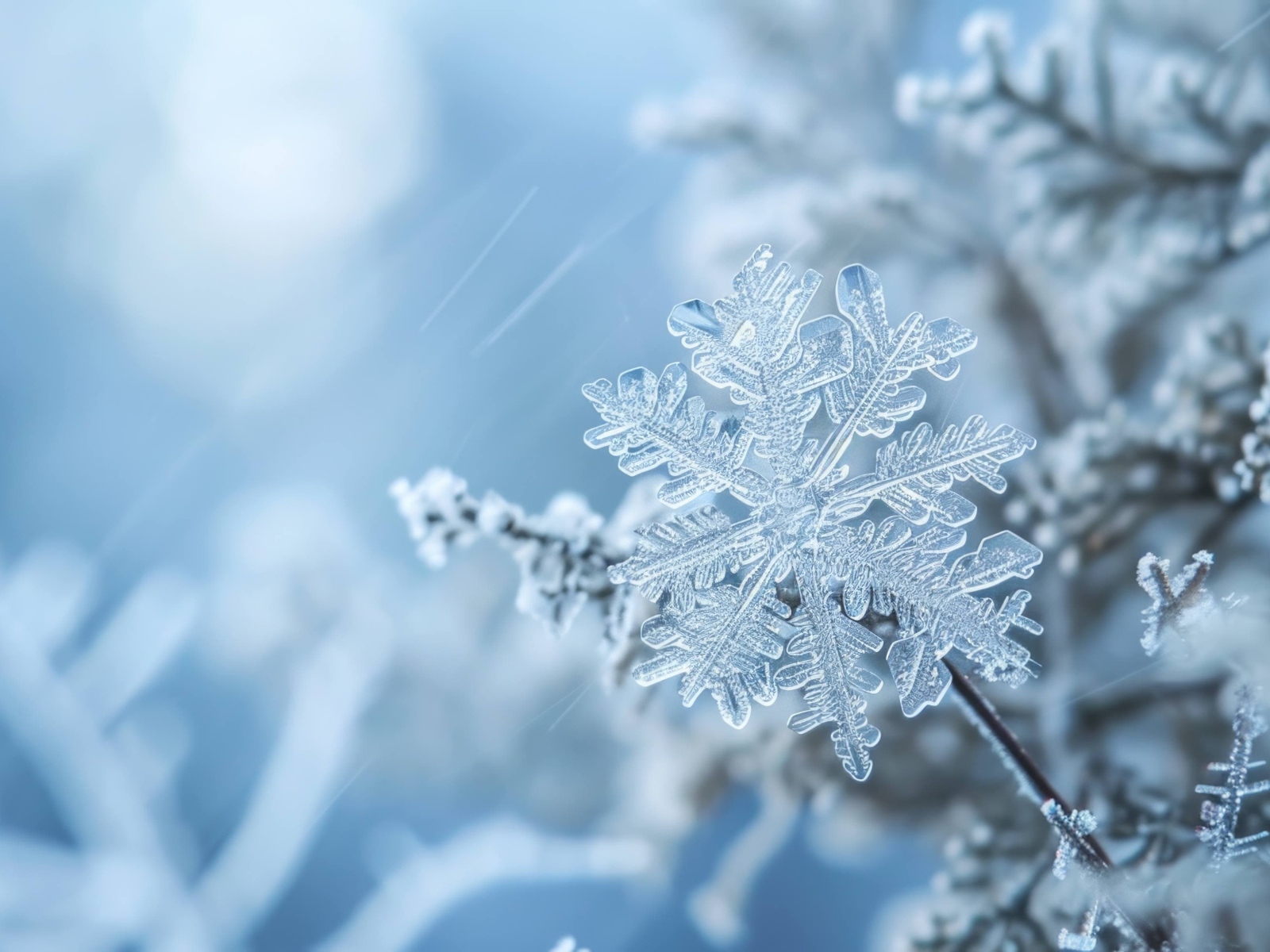 Снежинка на ветке макросъемка