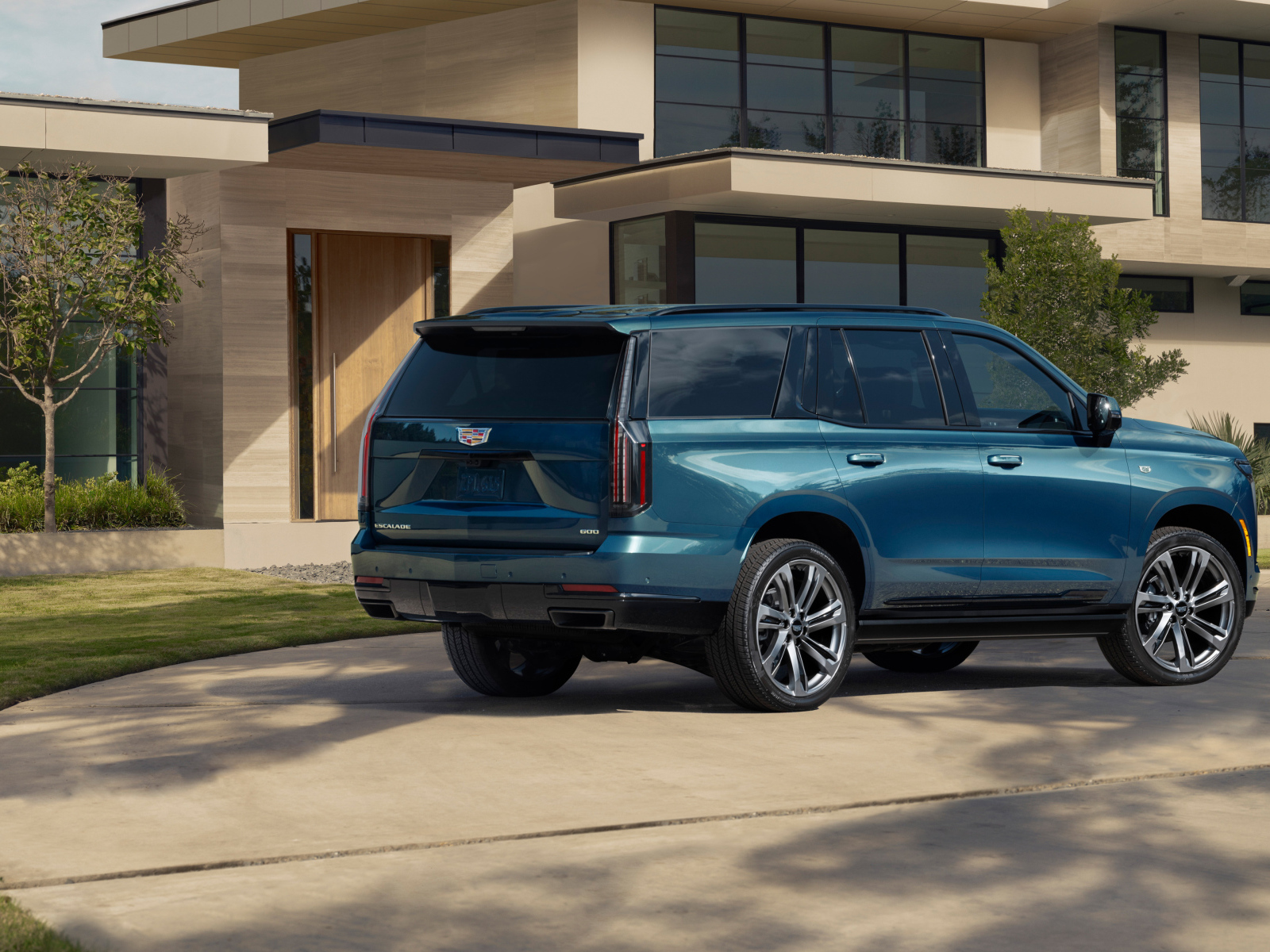 Синий внедорожник Cadillac Escalade 2025 года вид сзади