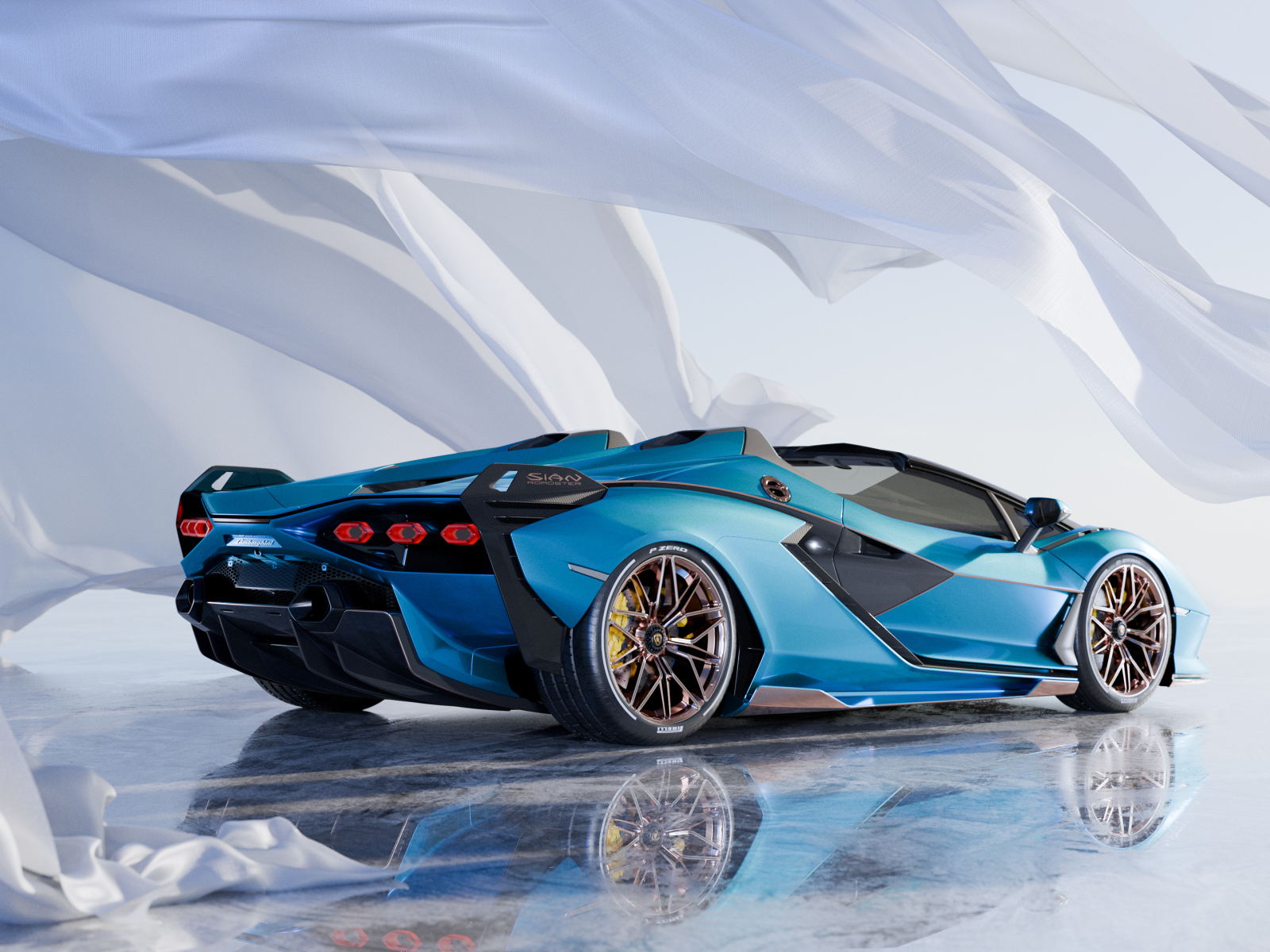 Вид сзади на голубой автомобиль Lamborghini Sián Roadster CGI