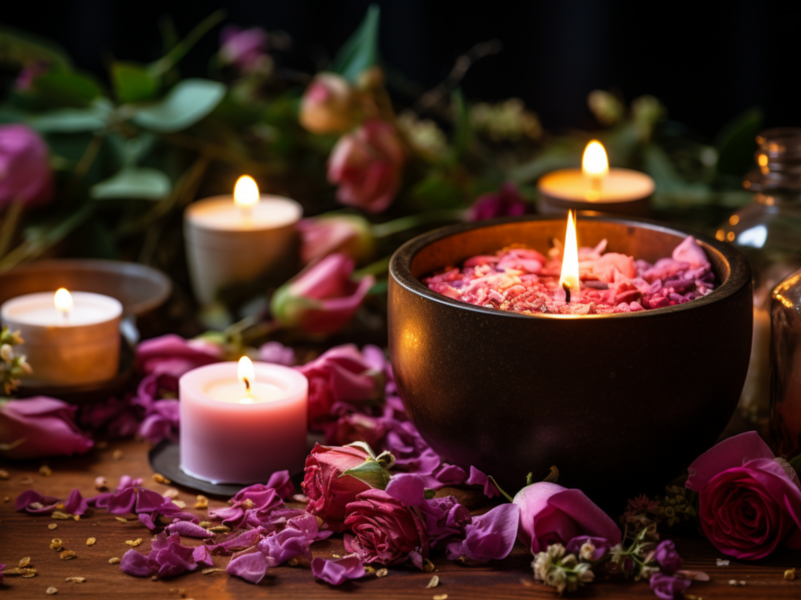Зажженные свечи с бутонами роз на столе