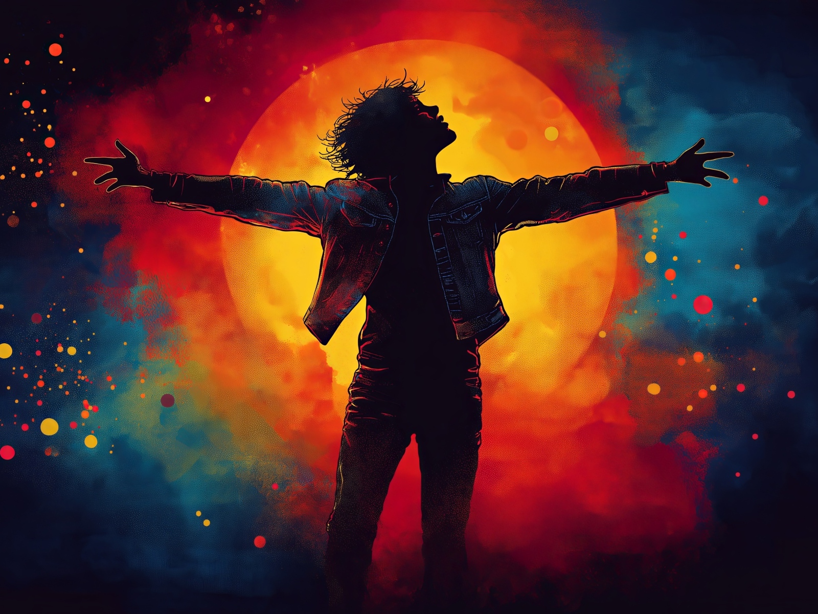 Нарисованный мужчина на фоне огненной луны