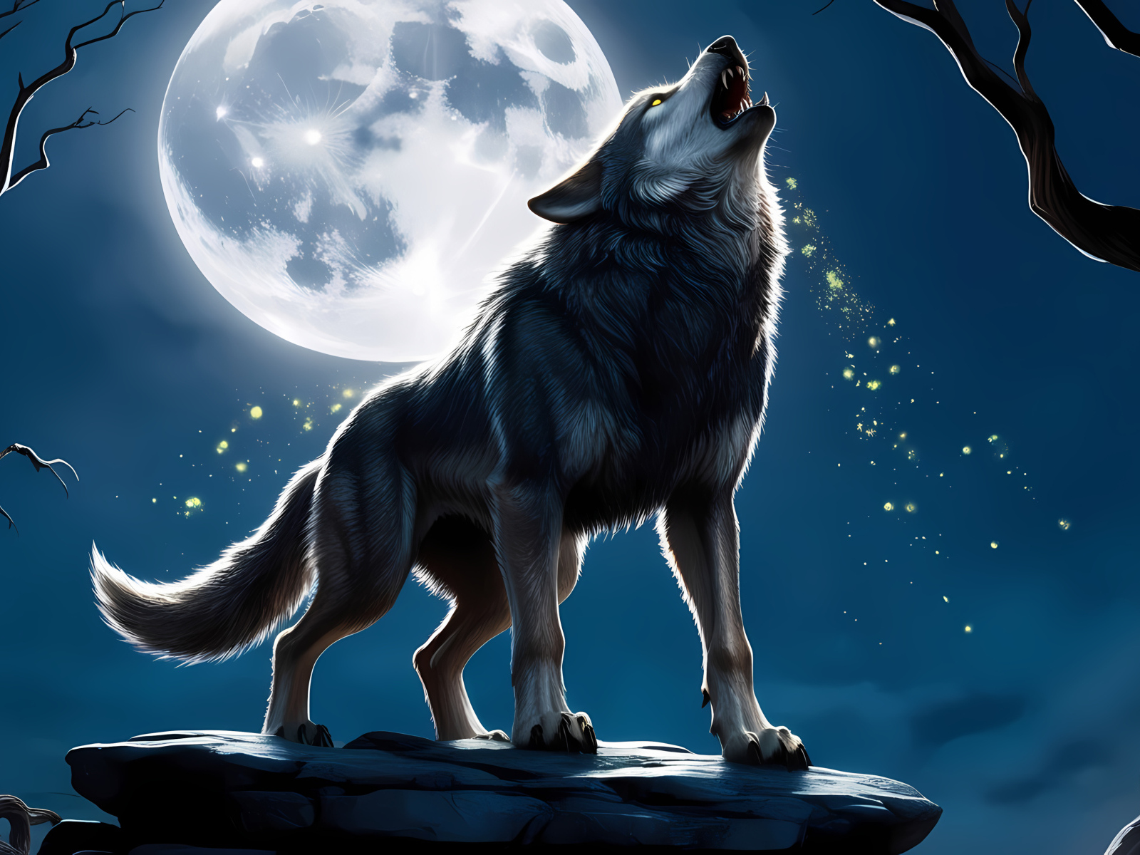 Нарисованный волк воет на луну