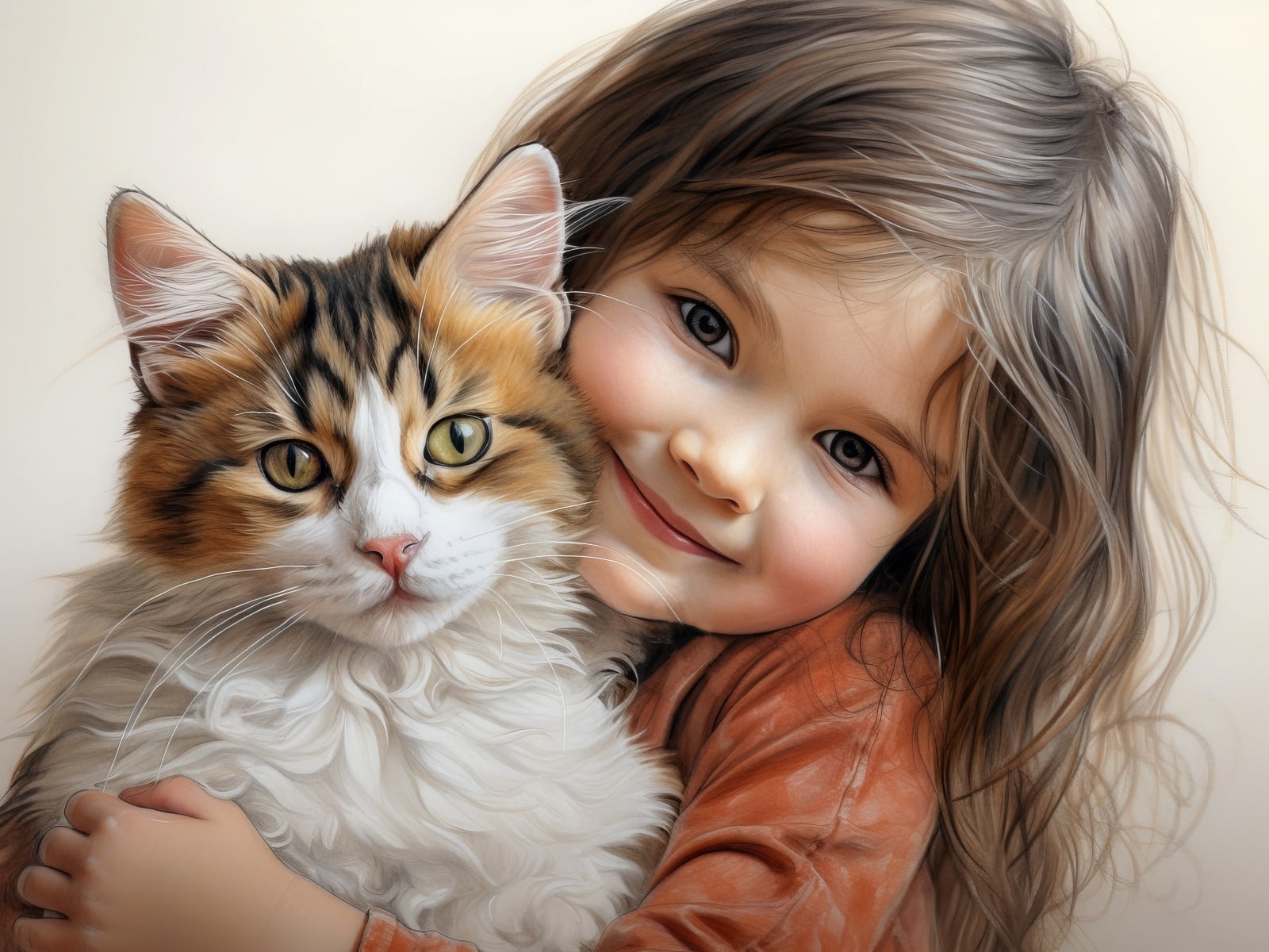Красивая нарисованная девочка с котом