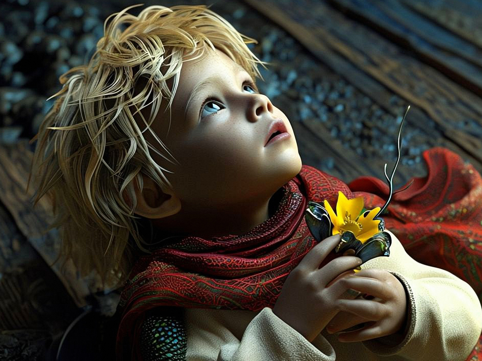 Маленький светловолосый нарисованныЙ мальчик с цветком