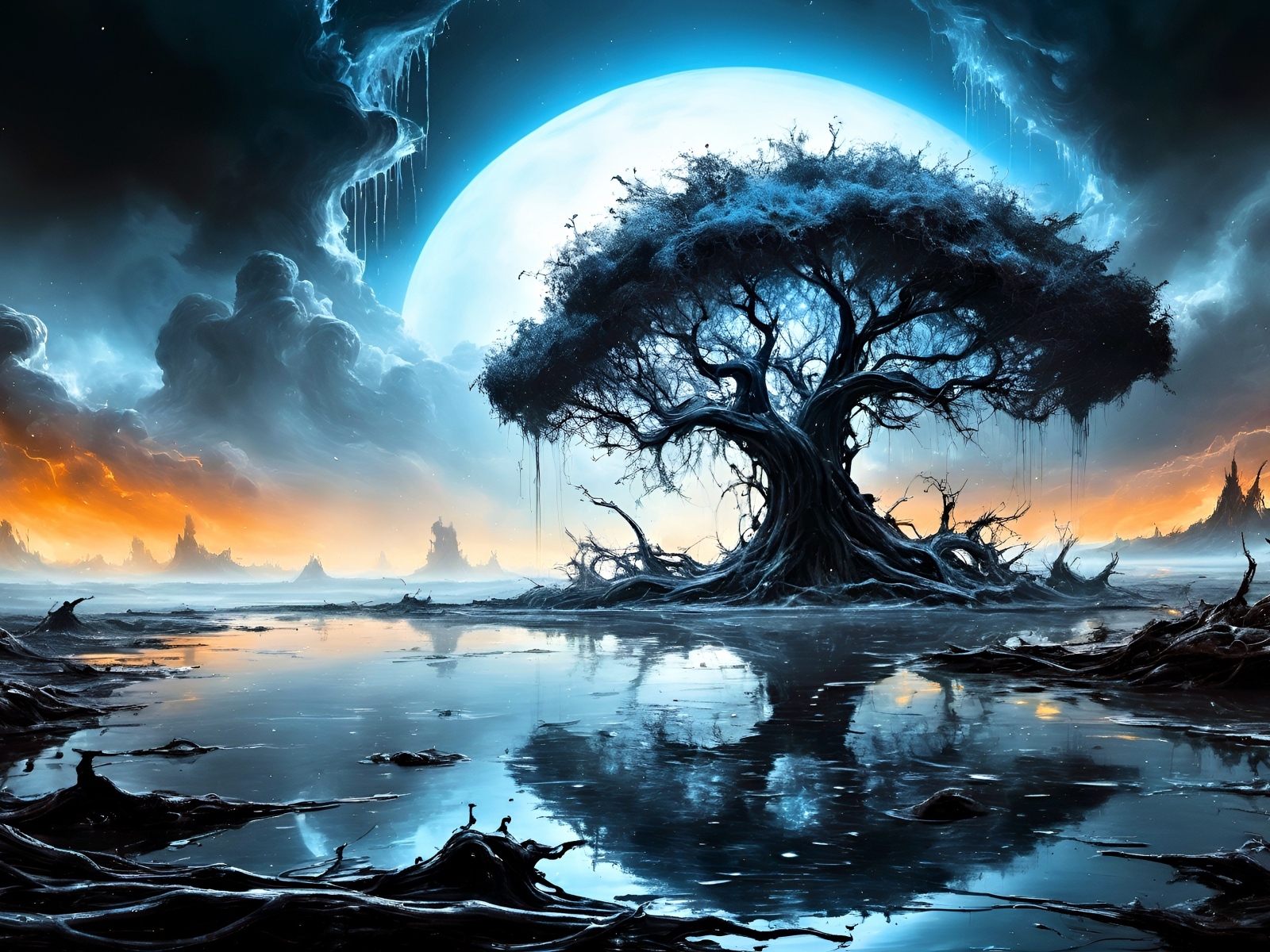 Зловещее дерево на фоне луны в волшебном озере