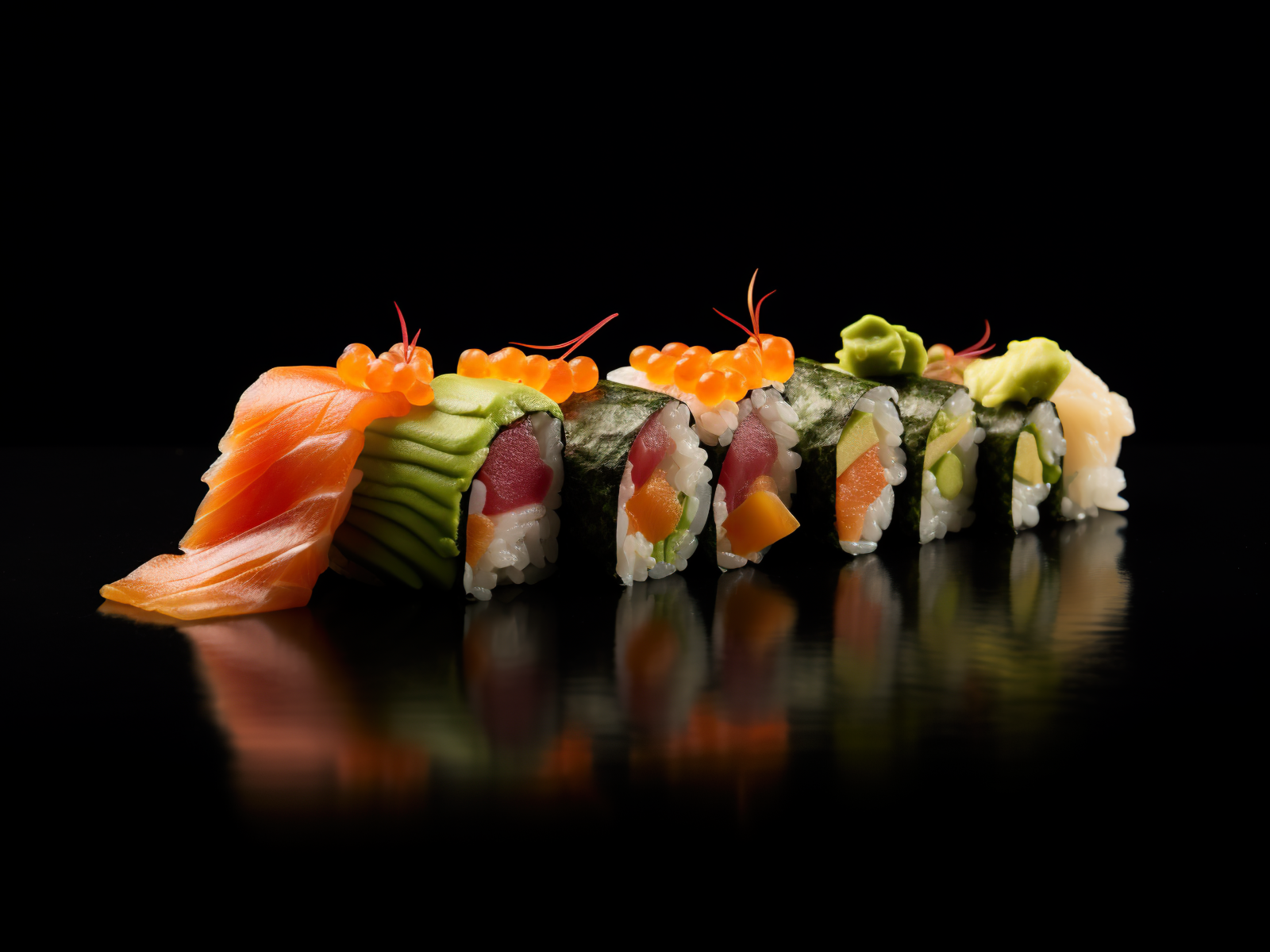 Роллы с красной рыбой и икрой на черном фоне