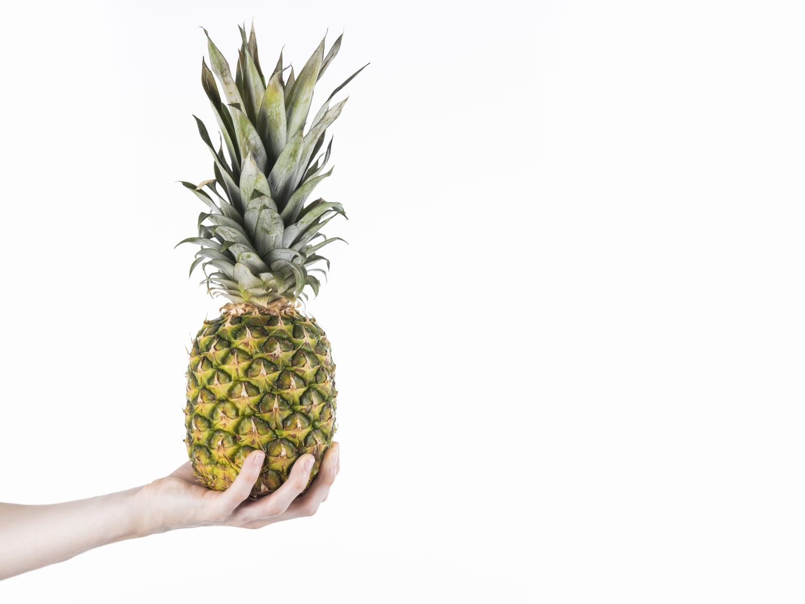 Большой ананас в руке на белом фоне
