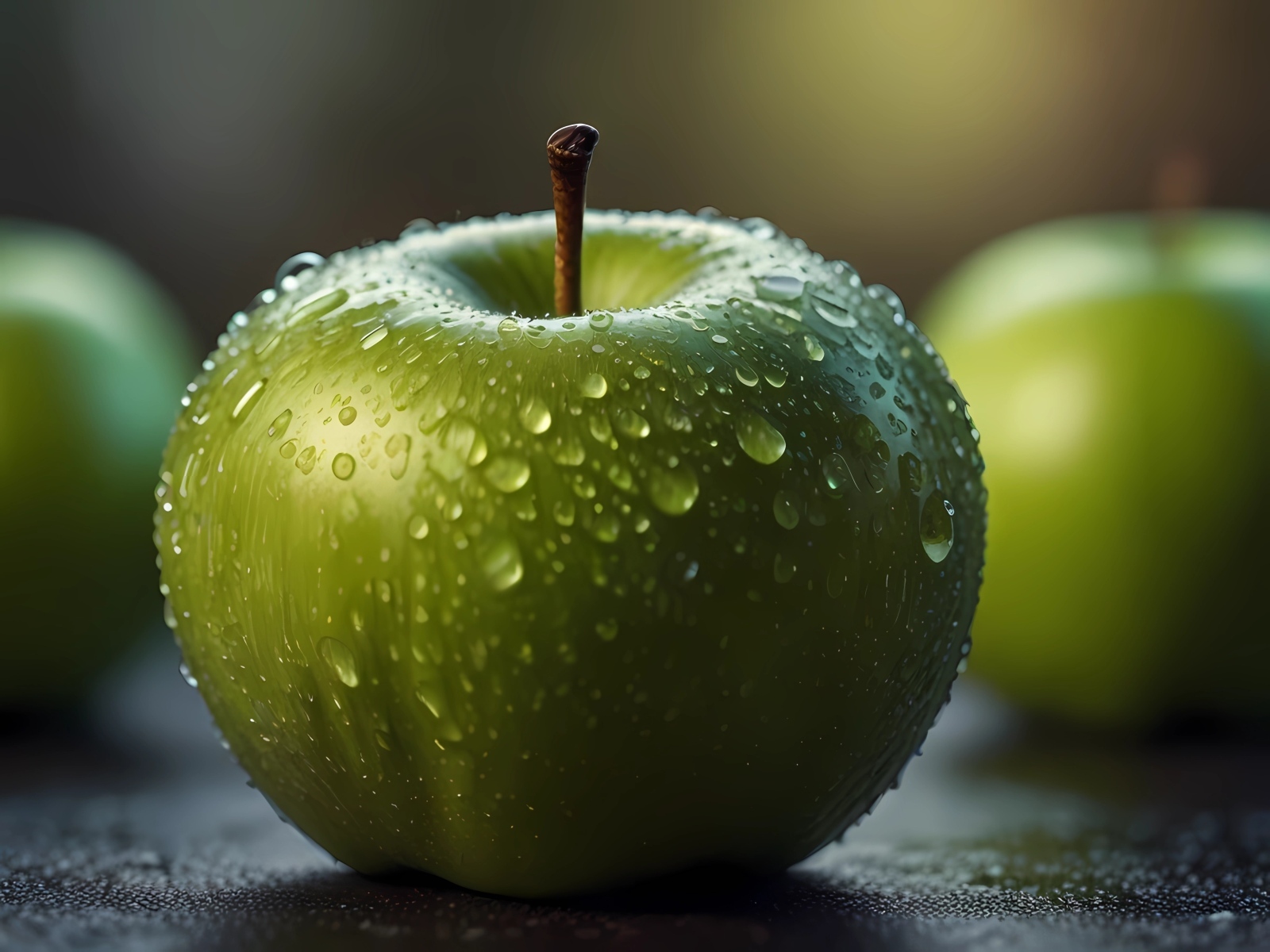 Крупное зеленое яблоко в каплях воды