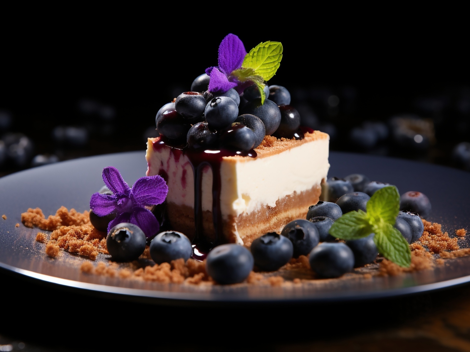 Кусок пирога с ягодами черники и листьями мяты