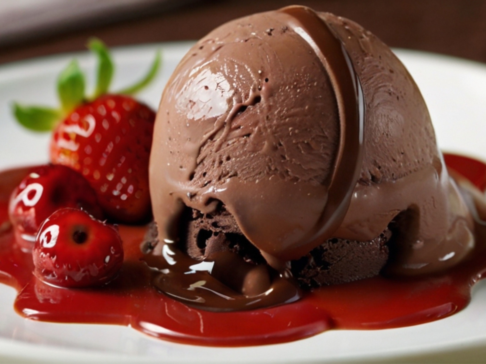 Шарик шоколадного мороженого на тарелке с ягодами клубники