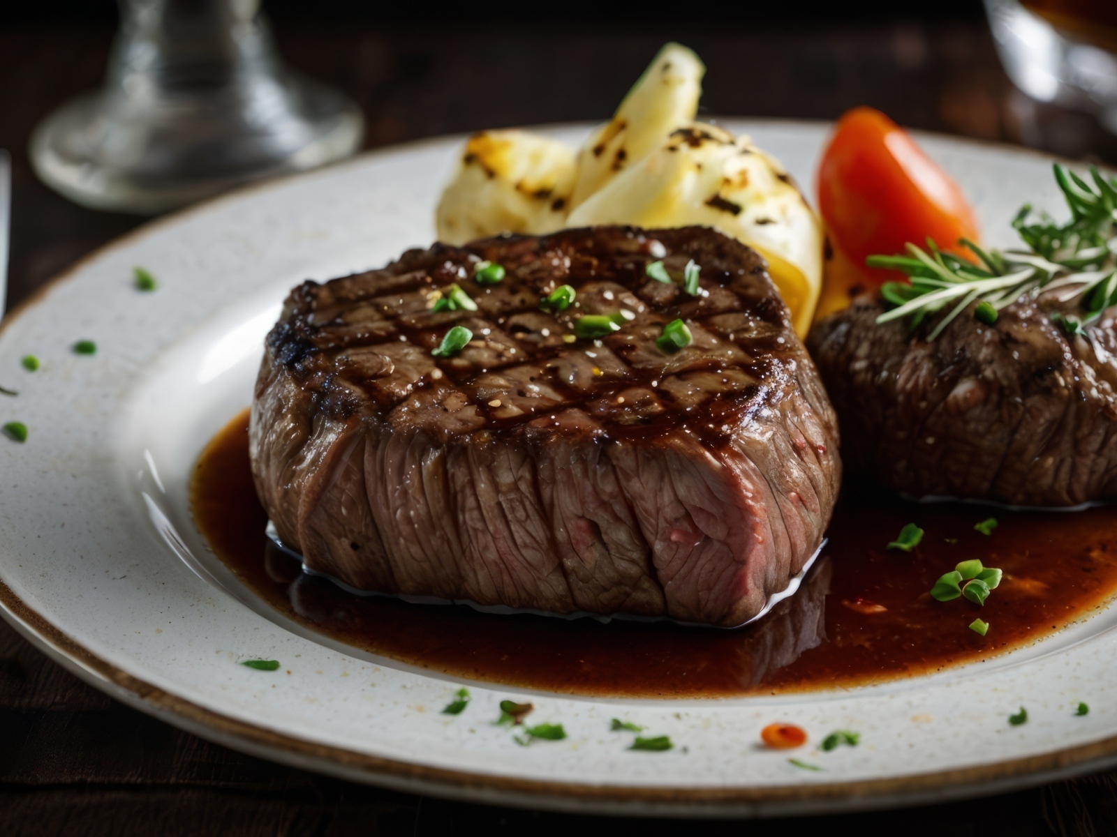 Кусок сочного стейка на тарелке на столе