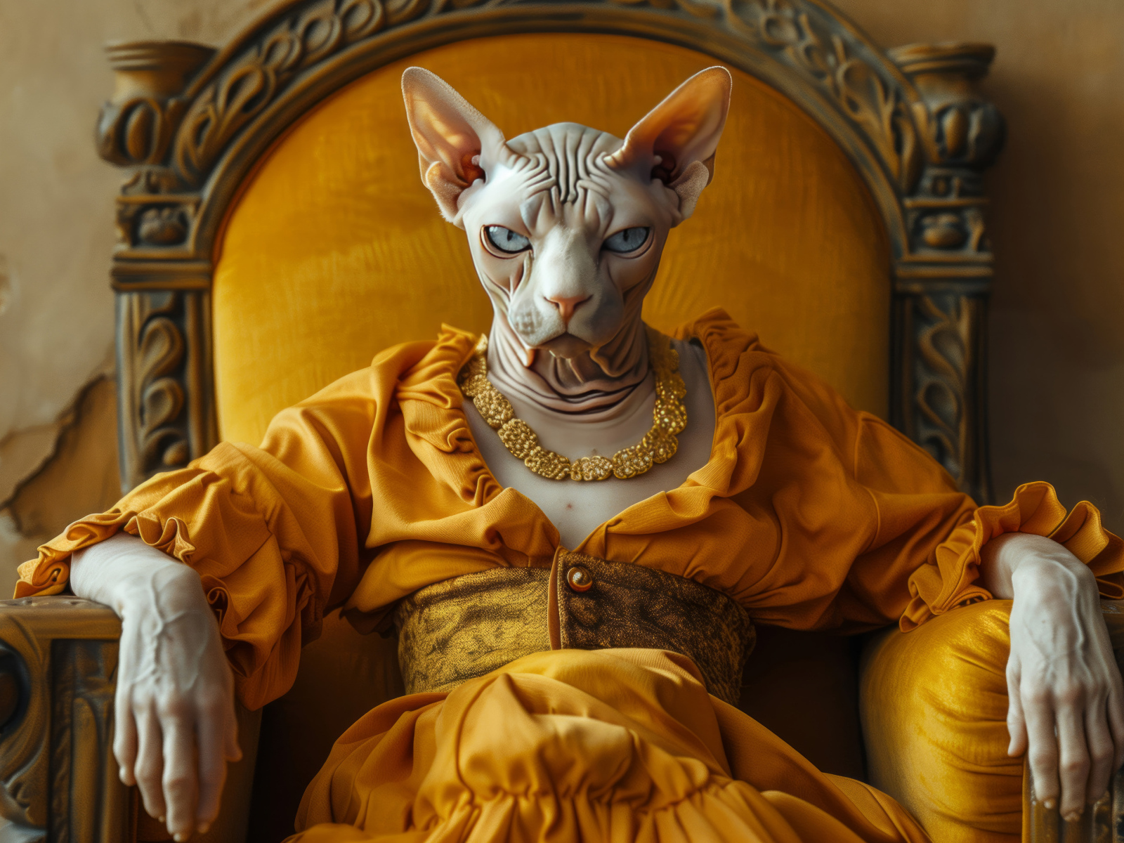 Кот породы сфинкс в платье сидит в кресле