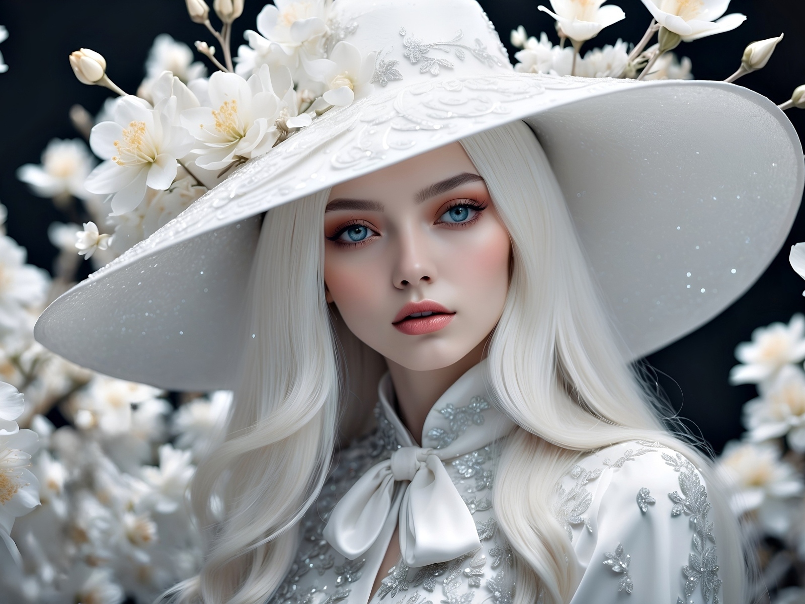 Красивая девушка 3д в большой шляпе с белыми цветами