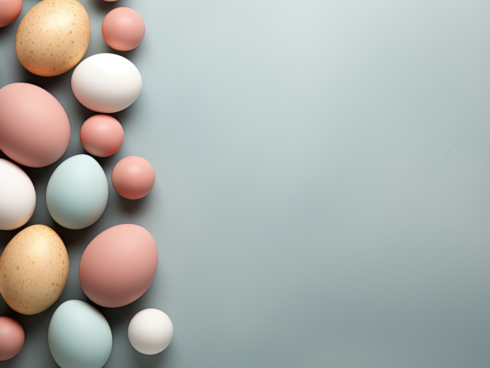 Много разноцветных яиц на сером фоне