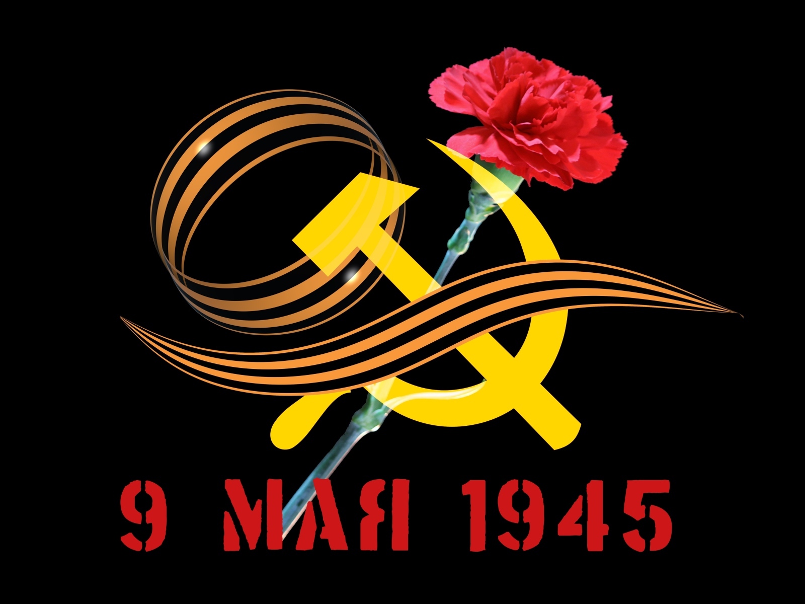 Серп и молот и гвоздики на черном фоне на 9 мая
