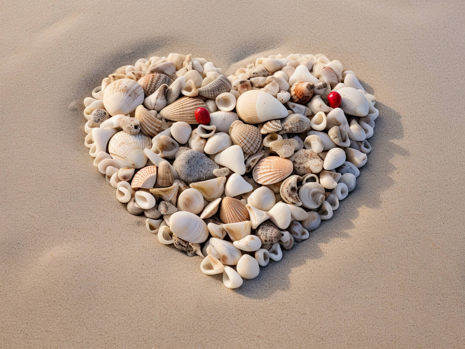Красивое сердце из маленьких ракушек на песке
