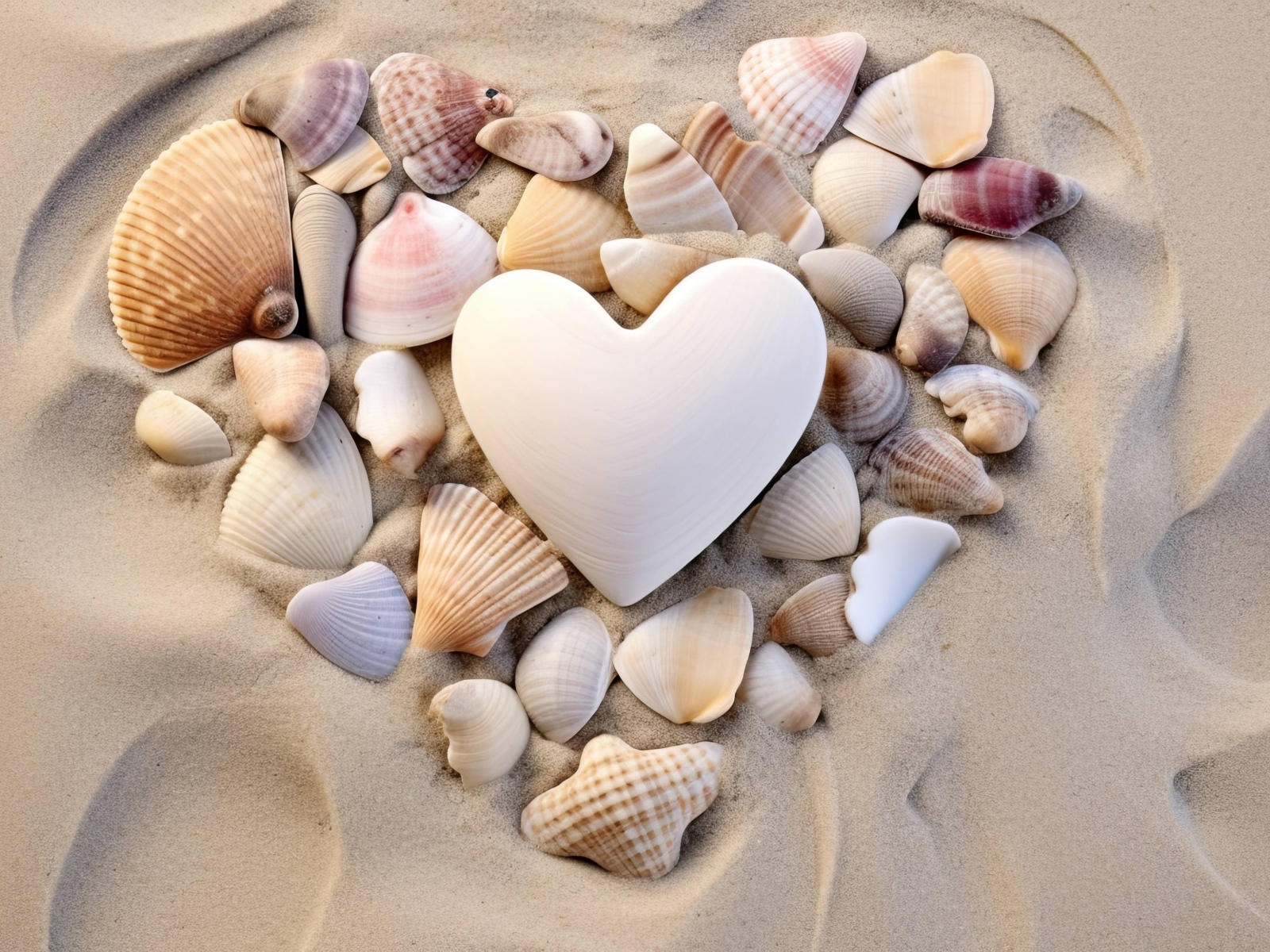 Сердце из ракушек на песке на пляже