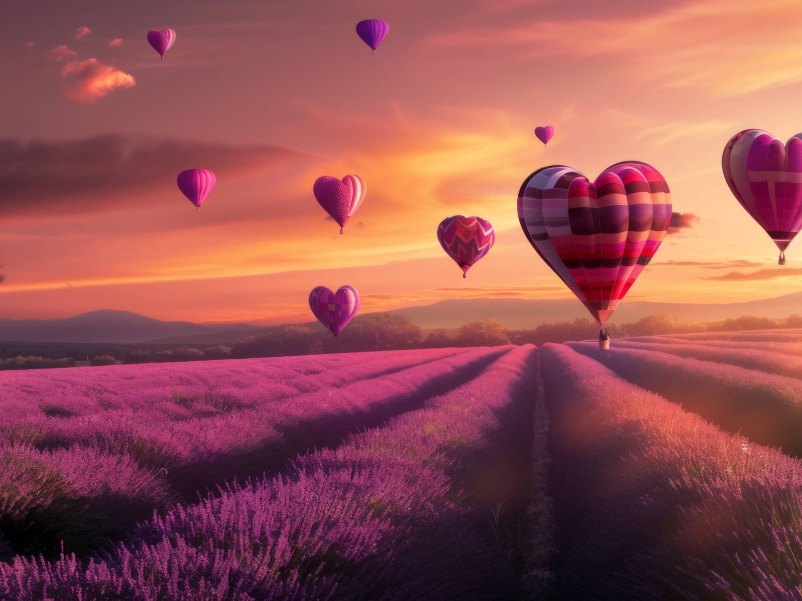 Воздушные шары в форме сердца над лавандовым полем