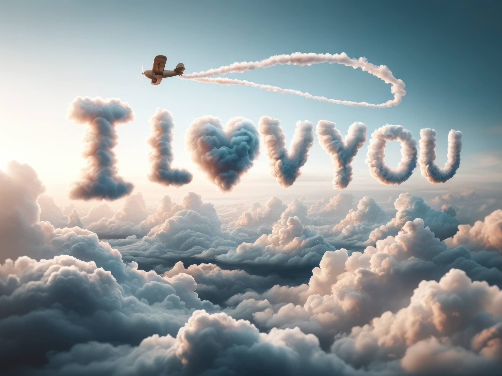 Самолет рисует надпись Я тебя люблю в облаках