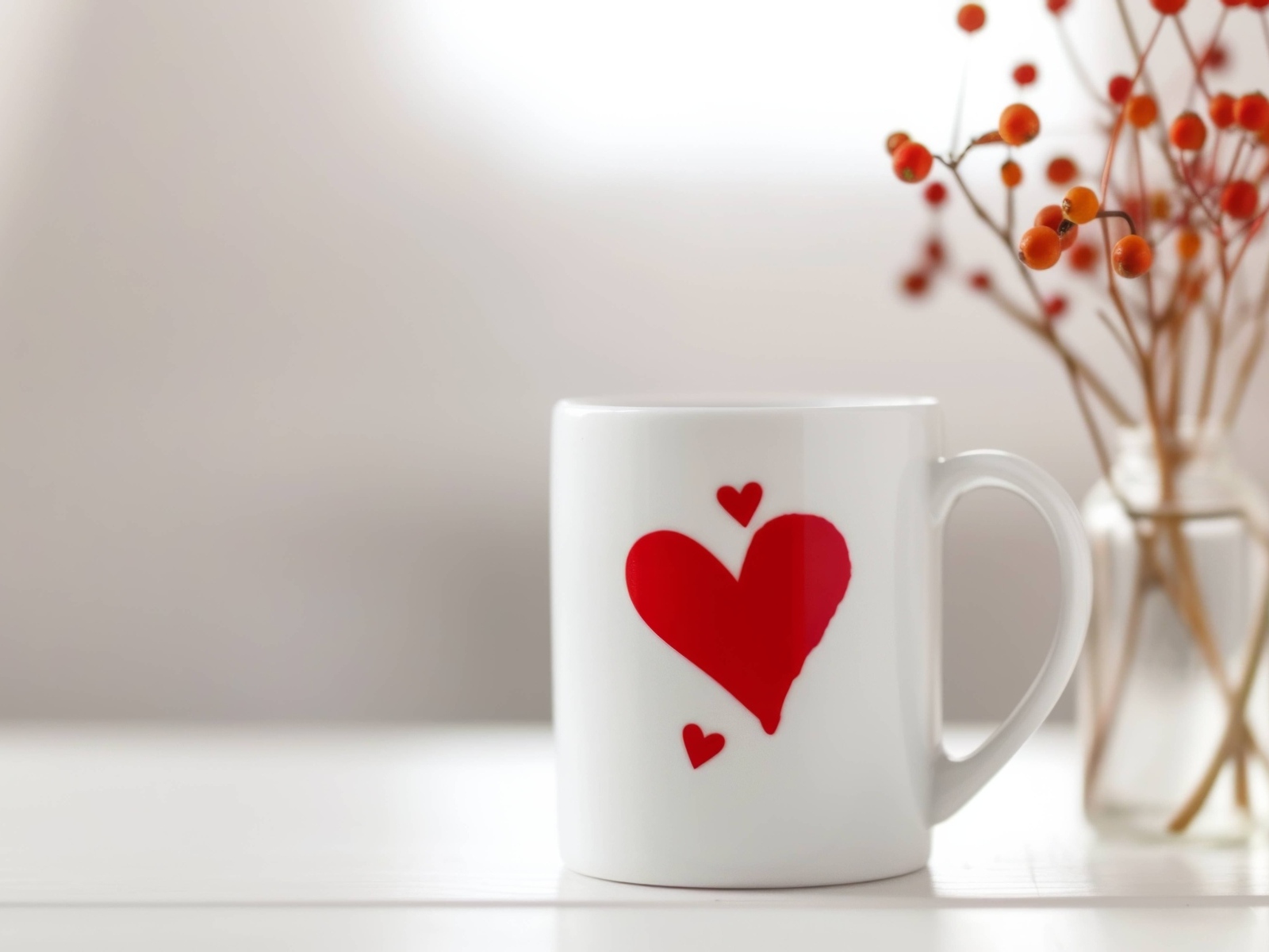 Белая кружка с красным сердцем на столе