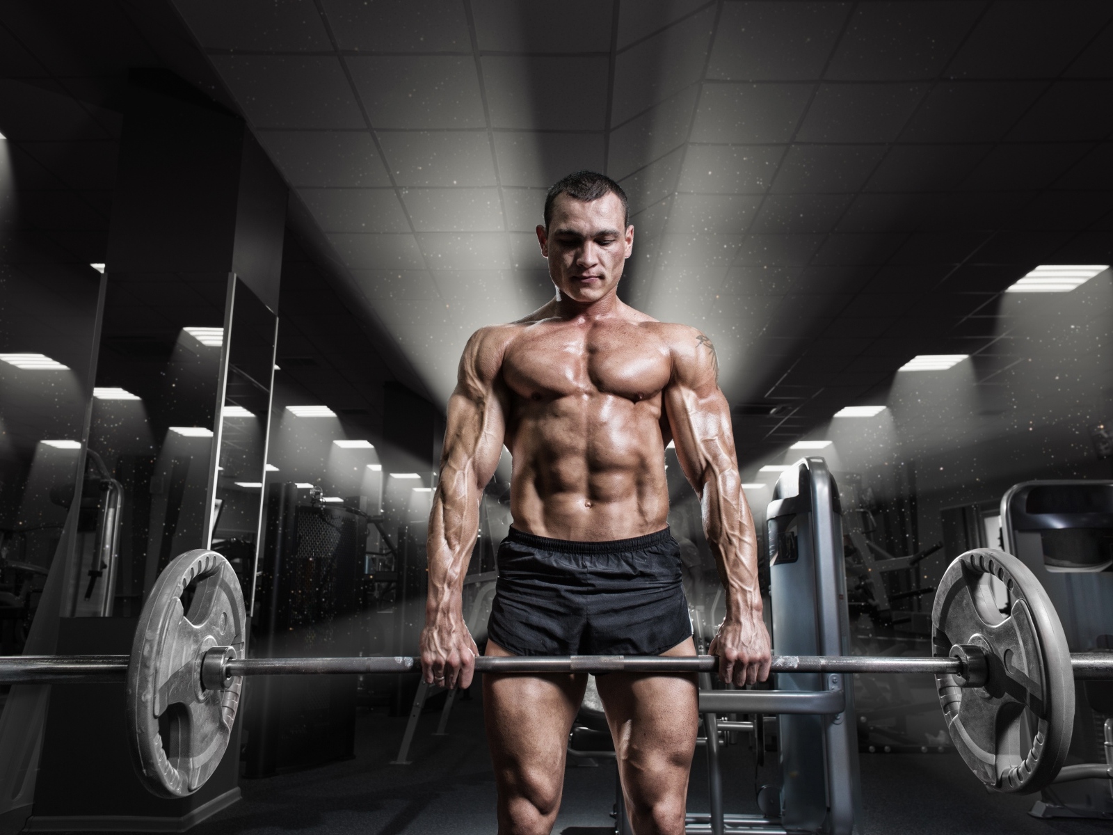 Сильный мужчина качает штангу в спортзале