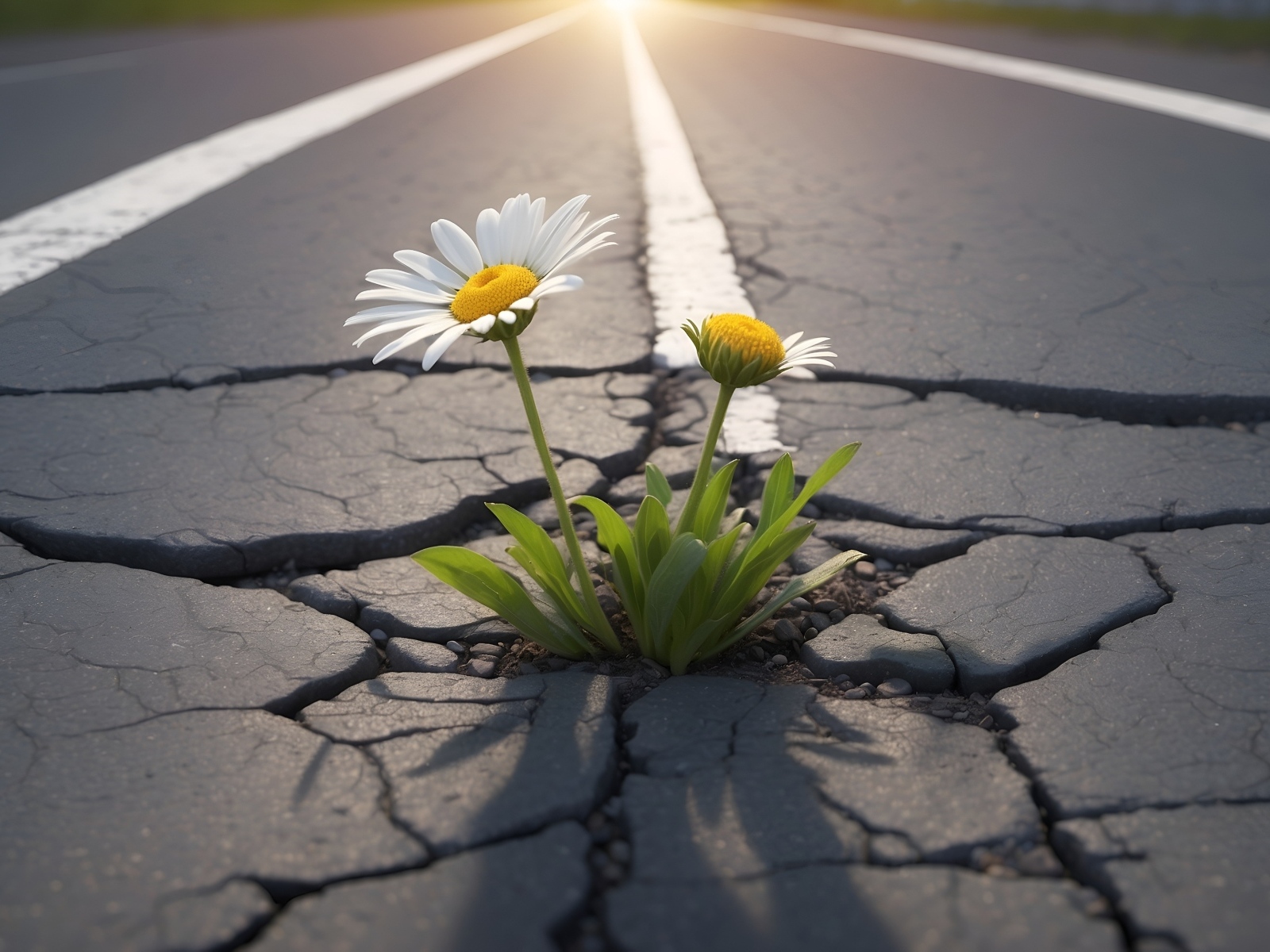 Цветок белой ромашки пробивается сквозь асфальт