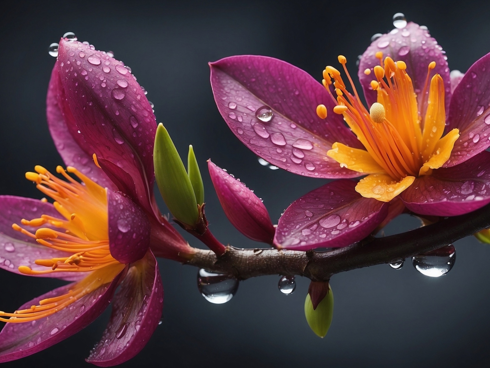 Красивые сиреневые цветы в каплях дождя на ветке