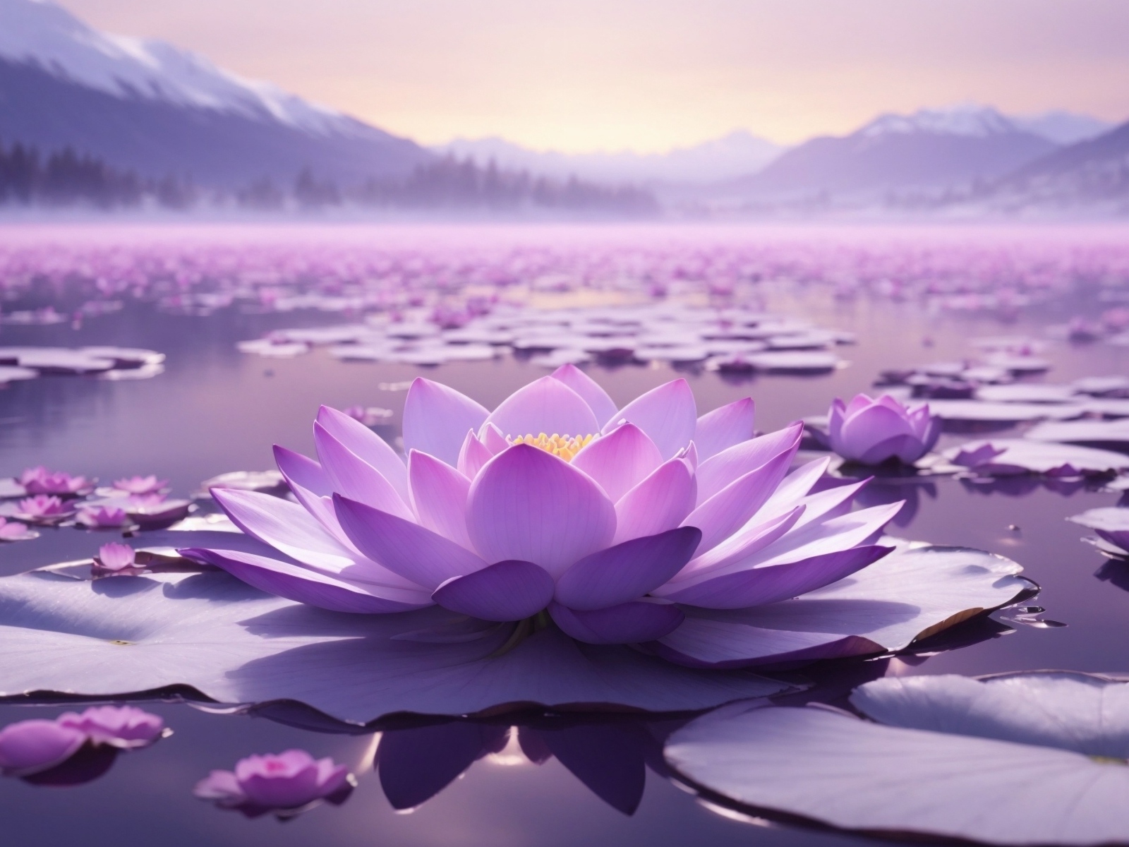 Озеро с крупными розовыми цветами лотоса